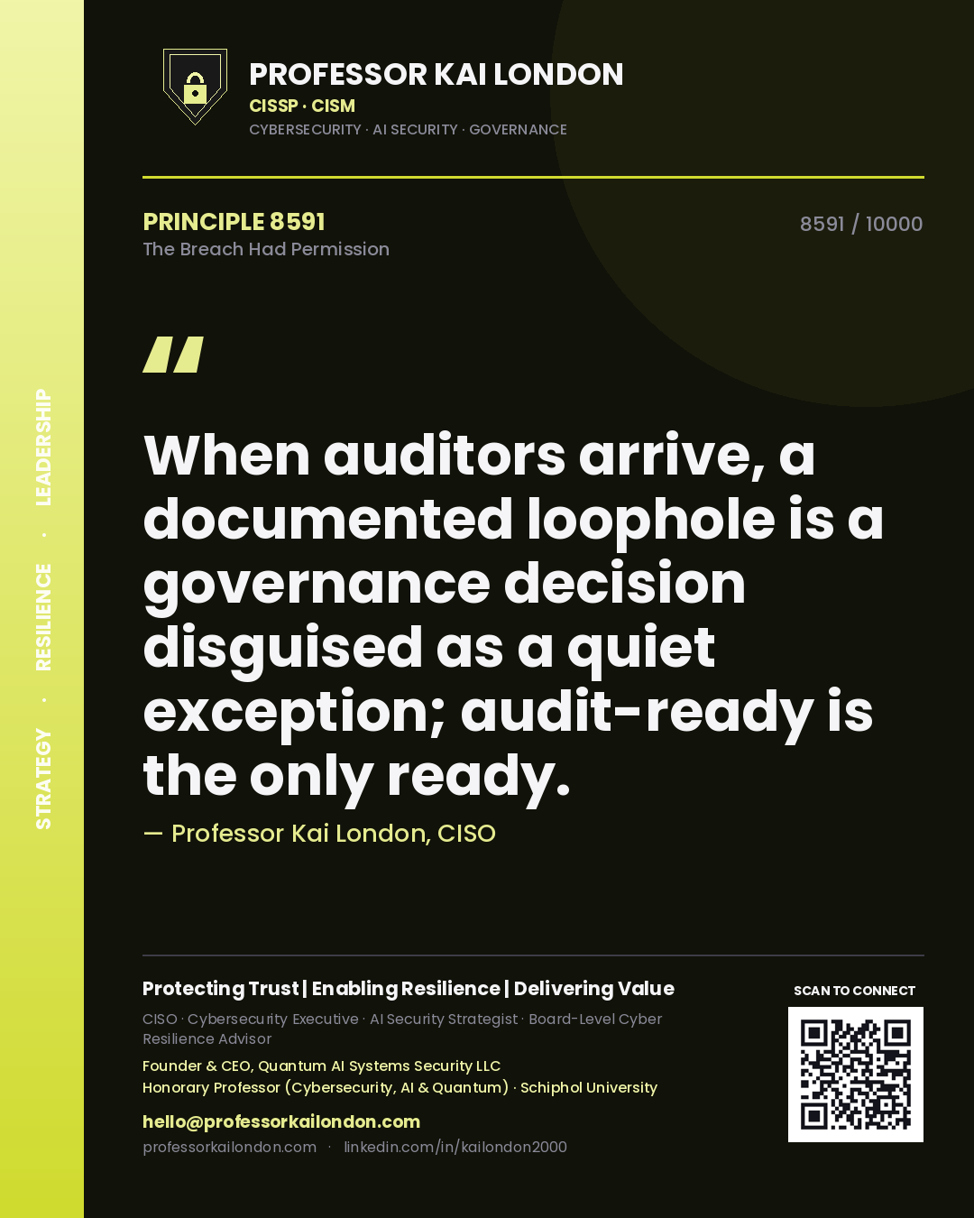 Professor Kai London principle 8591: When auditors arrive, a documented loophole is a governance decision disguised as a quiet exception; audit-ready is the only ready.