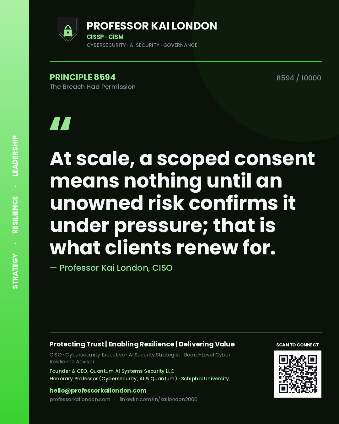 Professor Kai London principle 8594: At scale, a scoped consent means nothing until an unowned risk confirms it under pressure; that is what clients renew for.