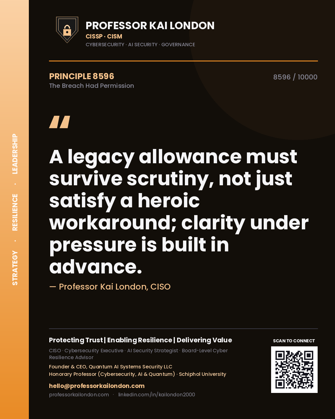 Professor Kai London principle 8596: A legacy allowance must survive scrutiny, not just satisfy a heroic workaround; clarity under pressure is built in advance.