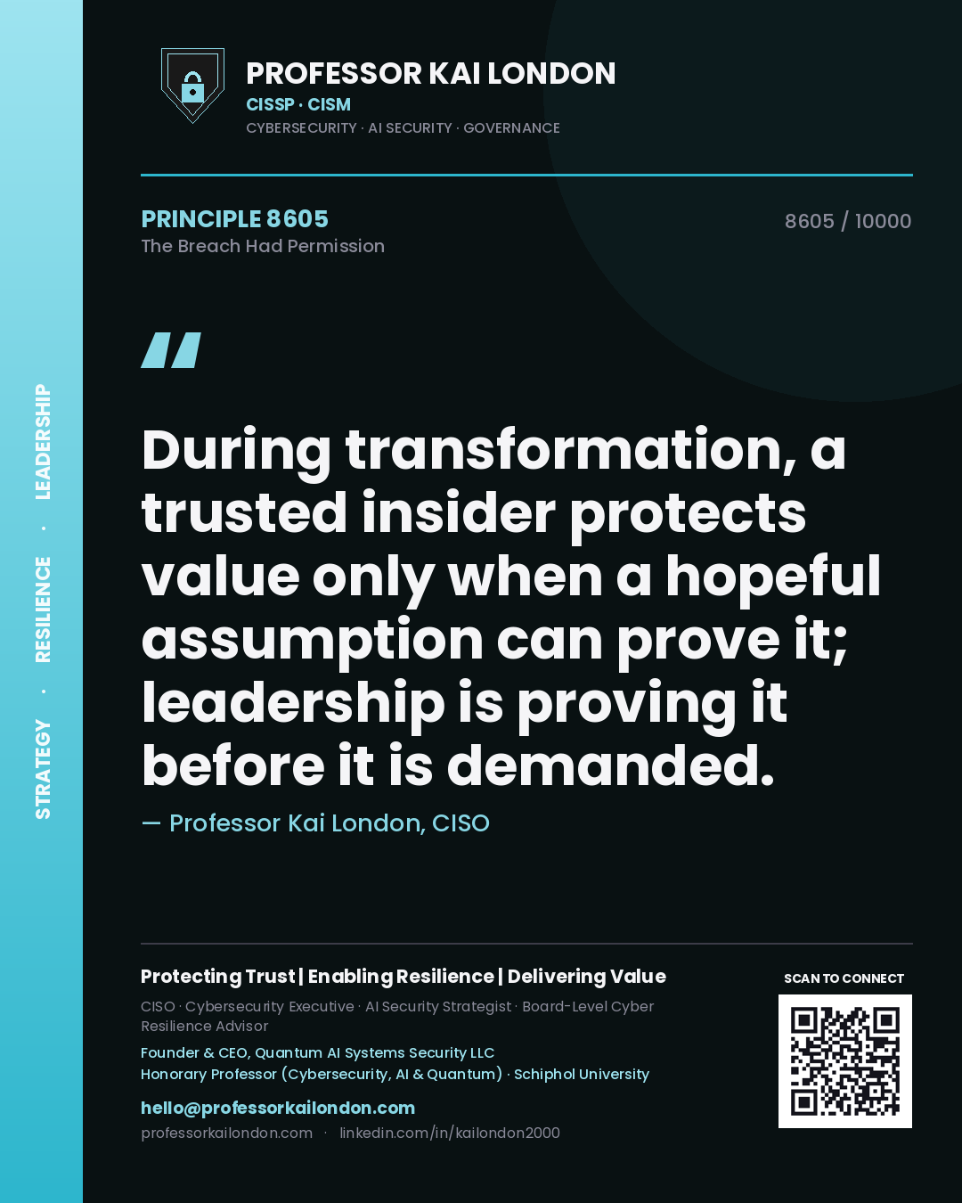 Professor Kai London principle 8605: During transformation, a trusted insider protects value only when a hopeful assumption can prove it; leadership is proving it before it is demanded.