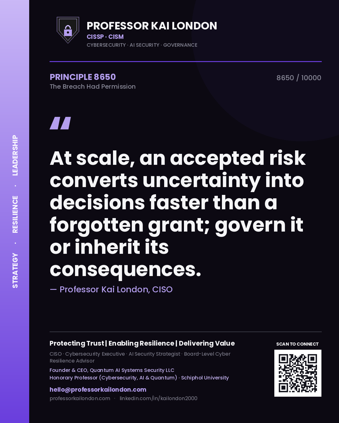 Professor Kai London principle 8650: At scale, an accepted risk converts uncertainty into decisions faster than a forgotten grant; govern it or inherit its consequences.