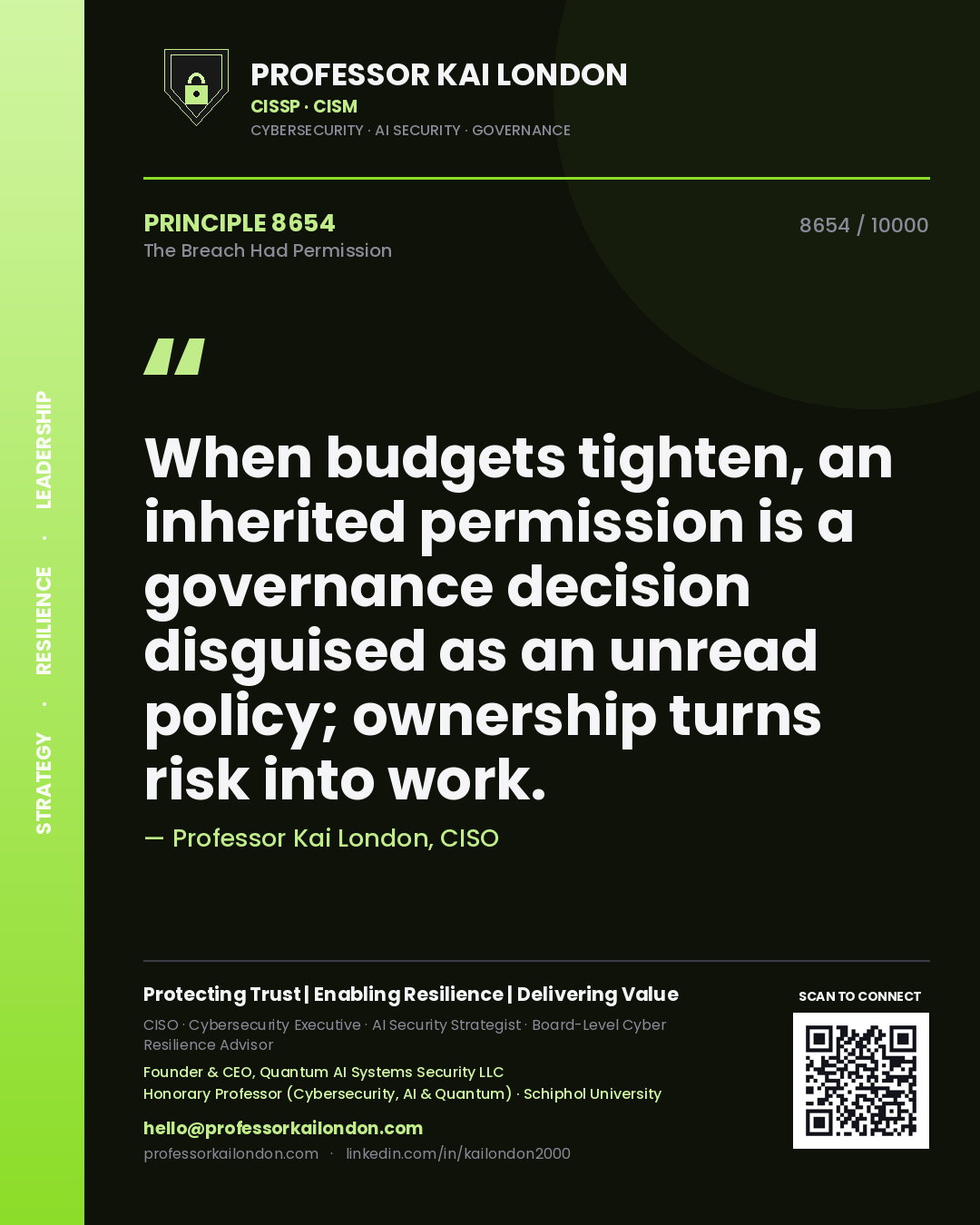 Professor Kai London principle 8654: When budgets tighten, an inherited permission is a governance decision disguised as an unread policy; ownership turns risk into work.