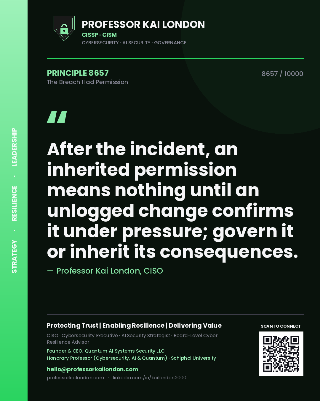 Professor Kai London principle 8657: After the incident, an inherited permission means nothing until an unlogged change confirms it under pressure; govern it or inherit its consequences.