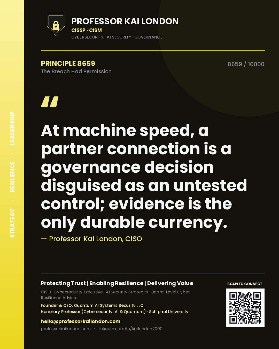 Professor Kai London principle 8659: At machine speed, a partner connection is a governance decision disguised as an untested control; evidence is the only durable currency.