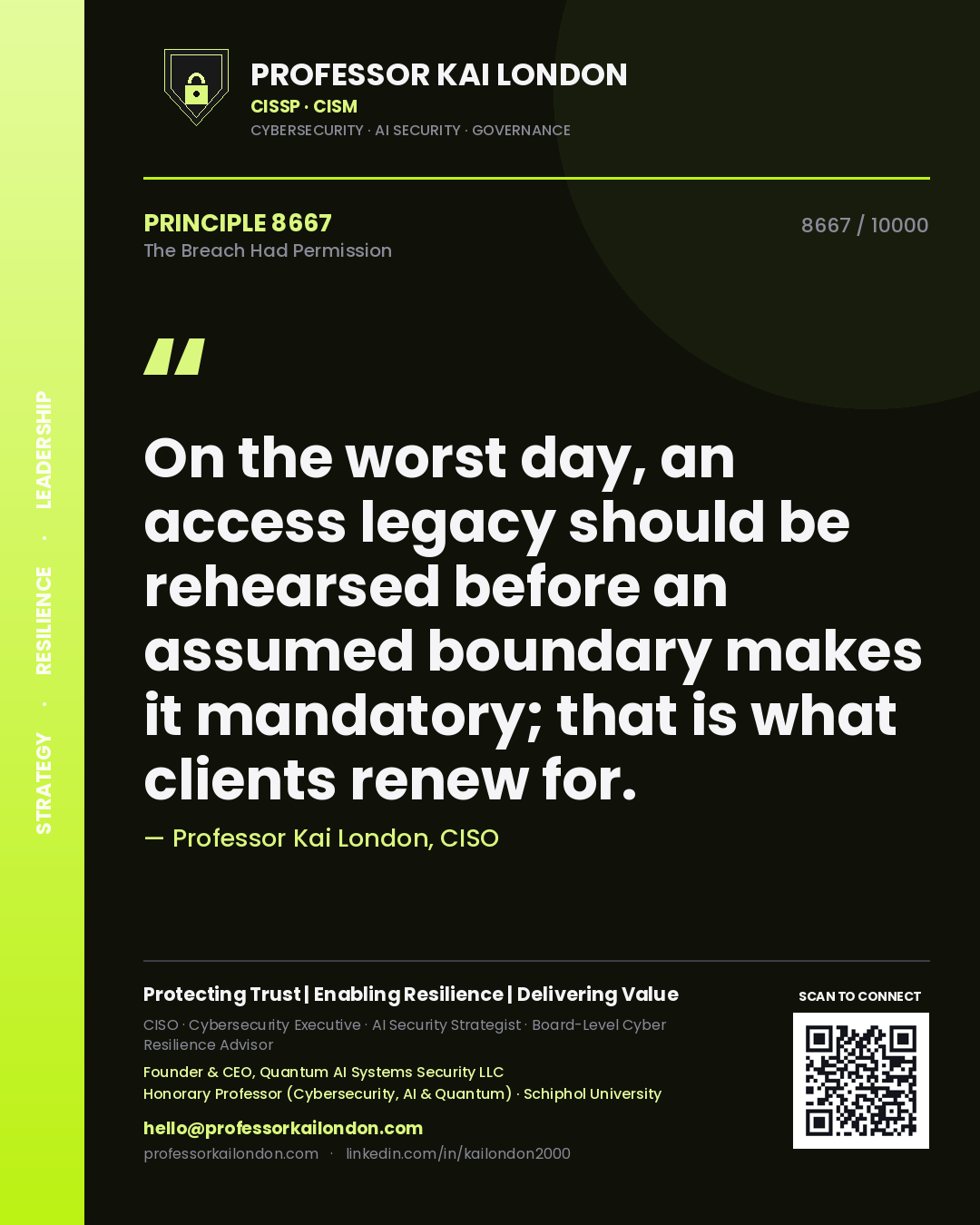 Professor Kai London principle 8667: On the worst day, an access legacy should be rehearsed before an assumed boundary makes it mandatory; that is what clients renew for.