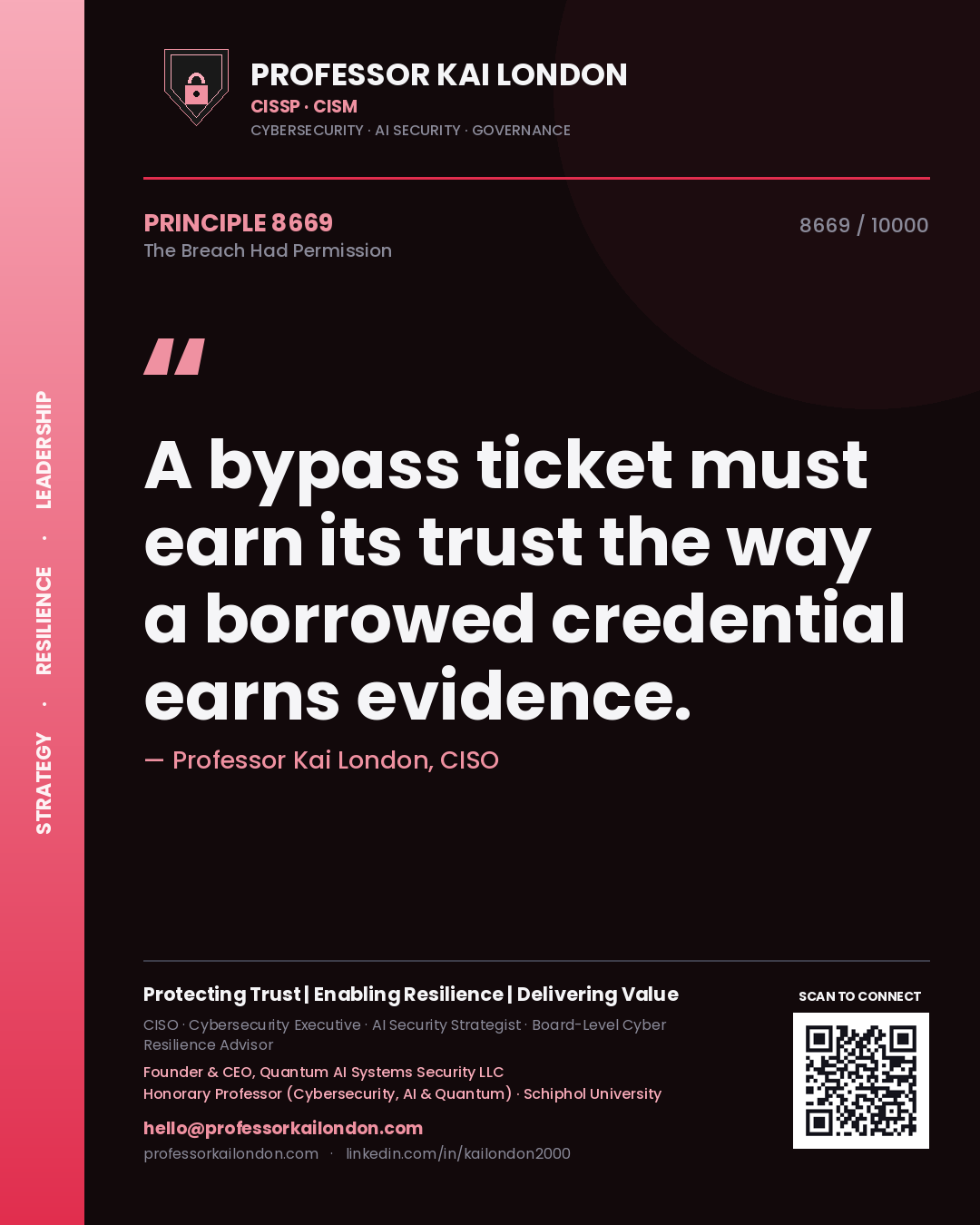 Professor Kai London principle 8669: A bypass ticket must earn its trust the way a borrowed credential earns evidence.
