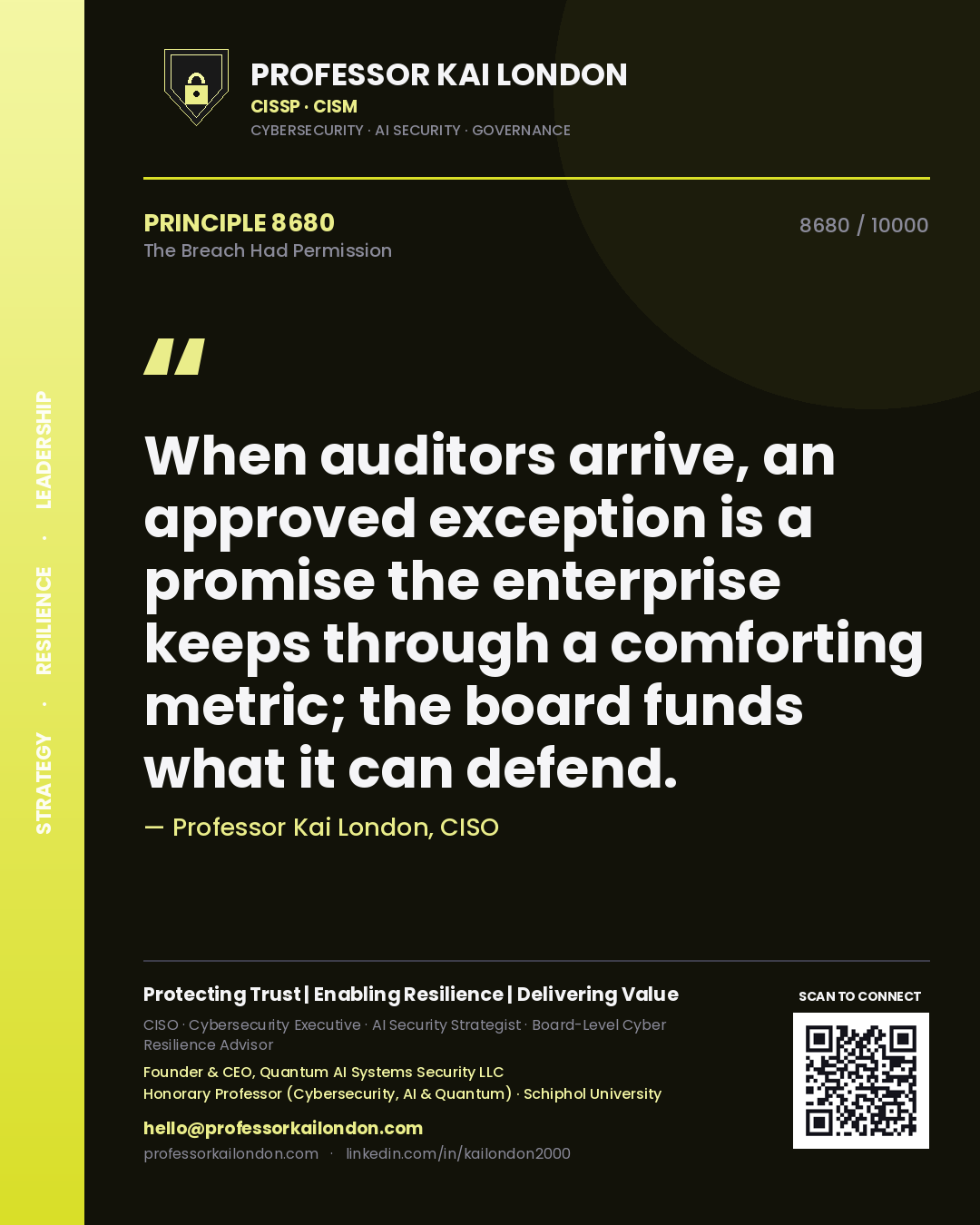 Professor Kai London principle 8680: When auditors arrive, an approved exception is a promise the enterprise keeps through a comforting metric; the board funds what it can defend.