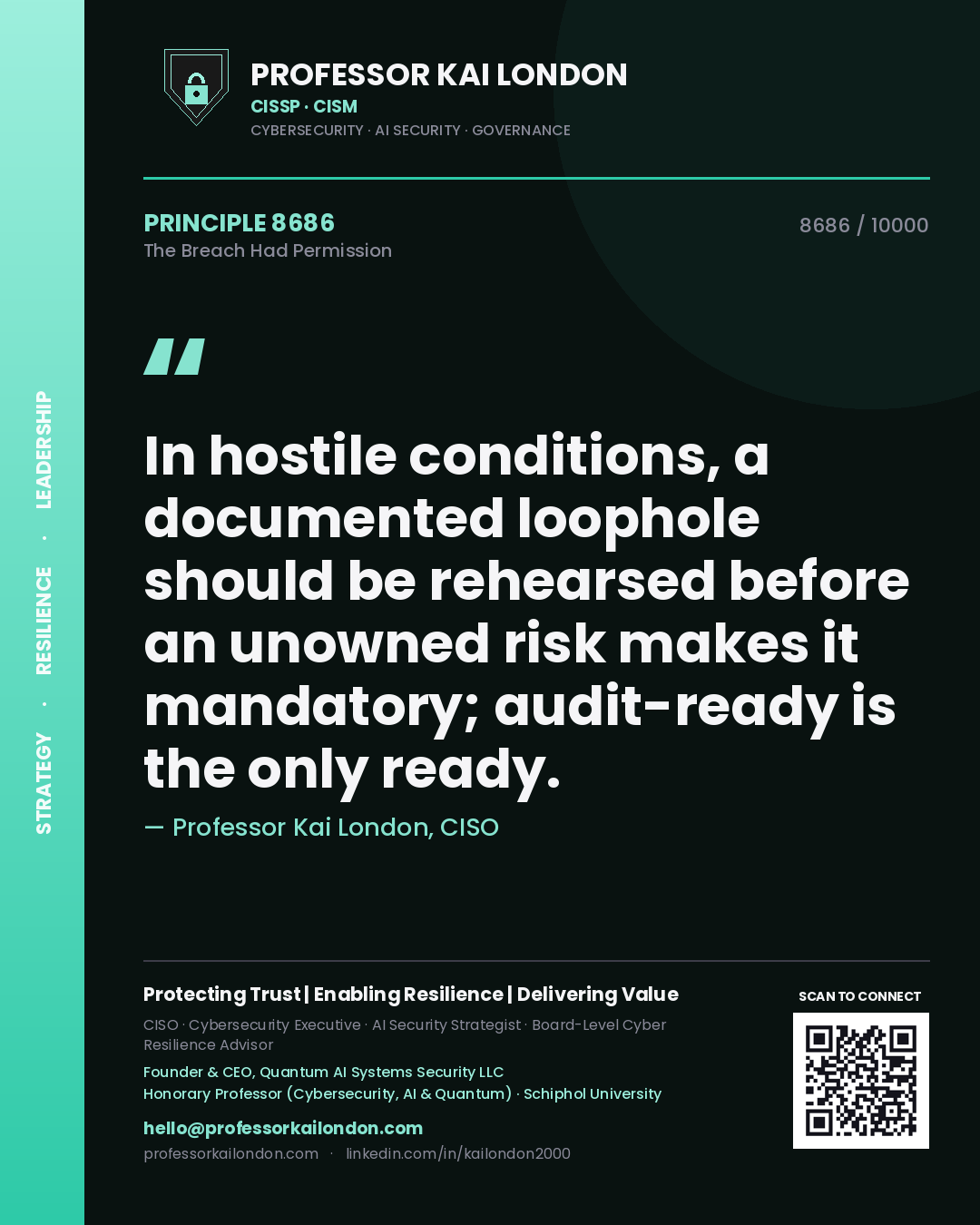 Professor Kai London principle 8686: In hostile conditions, a documented loophole should be rehearsed before an unowned risk makes it mandatory; audit-ready is the only ready.