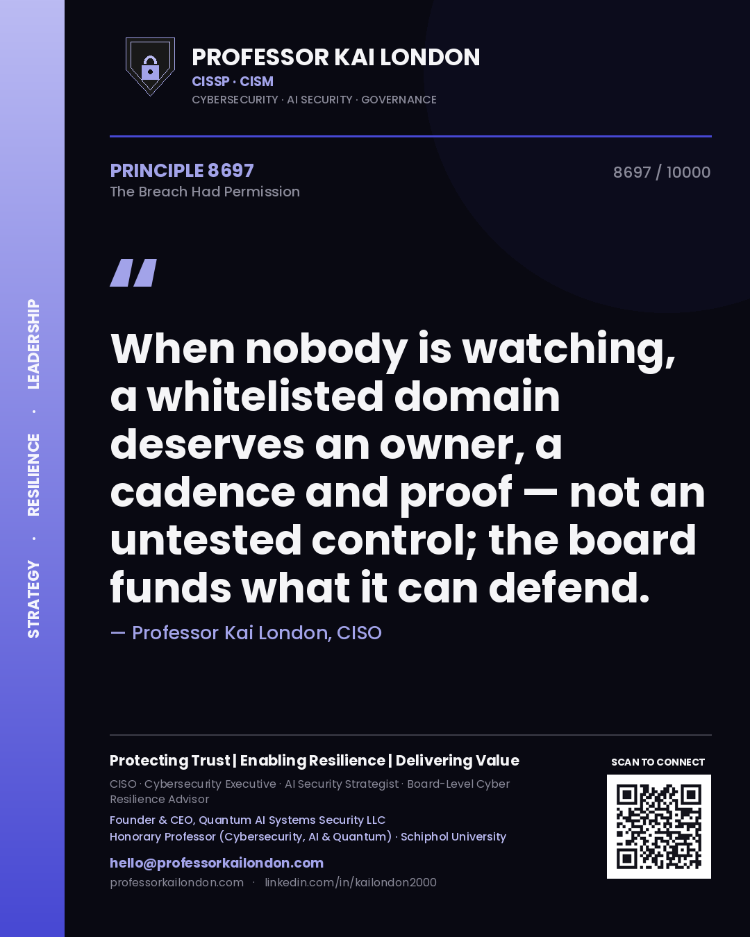 Professor Kai London principle 8697: When nobody is watching, a whitelisted domain deserves an owner, a cadence and proof — not an untested control; the board funds what it can defend.