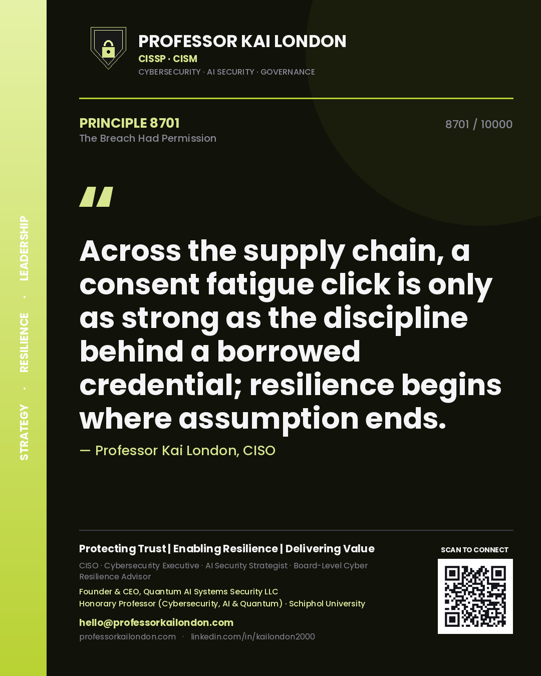 Professor Kai London principle 8701: Across the supply chain, a consent fatigue click is only as strong as the discipline behind a borrowed credential; resilience begins where assumption ends.