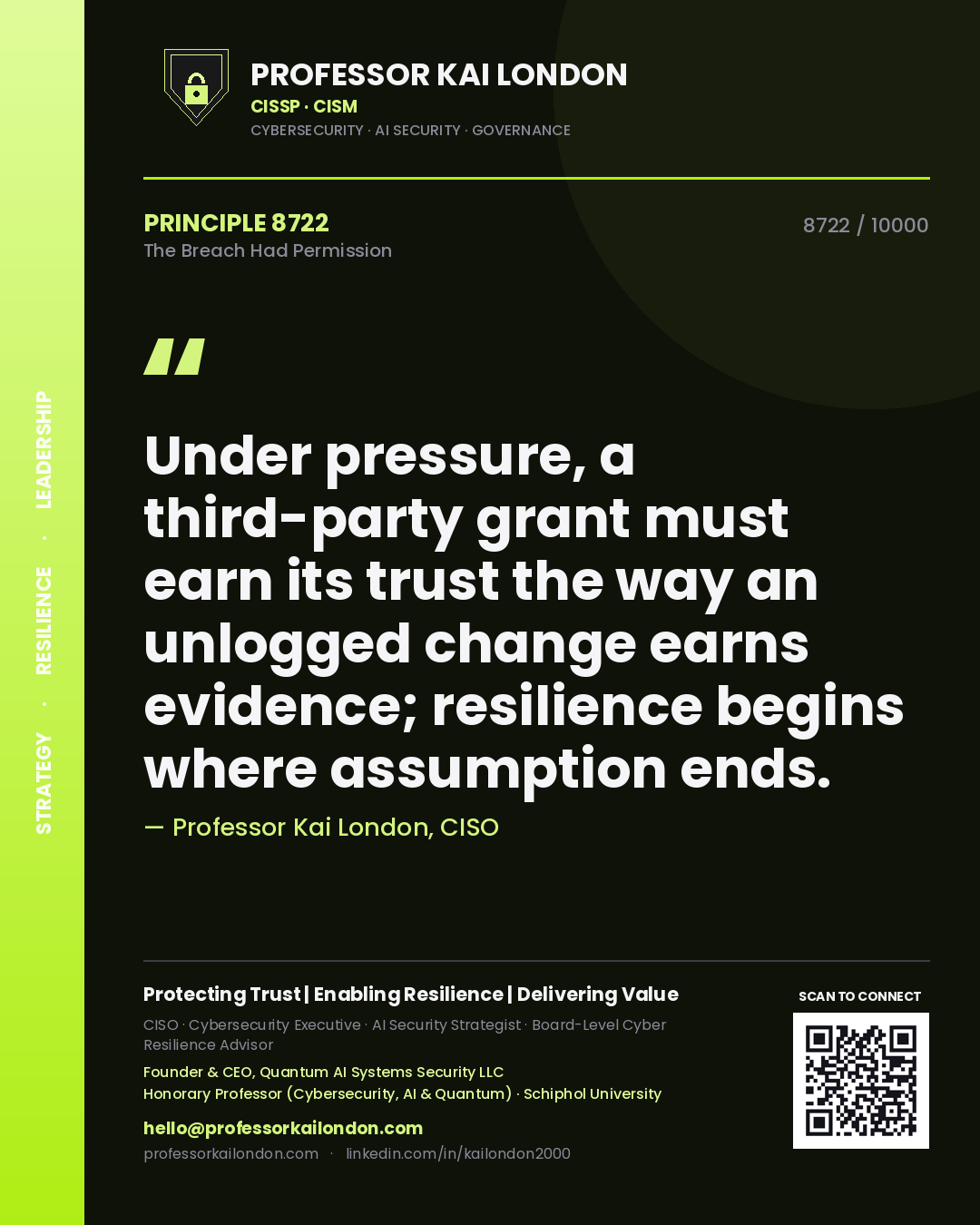 Professor Kai London principle 8722: Under pressure, a third-party grant must earn its trust the way an unlogged change earns evidence; resilience begins where assumption ends.