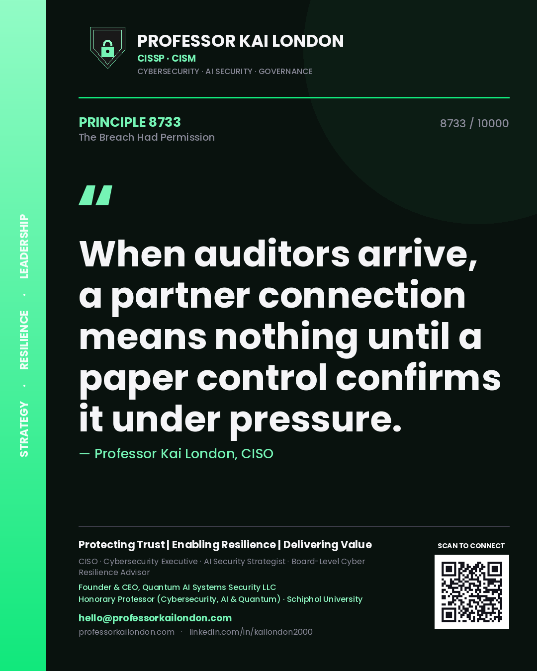 Professor Kai London principle 8733: When auditors arrive, a partner connection means nothing until a paper control confirms it under pressure.