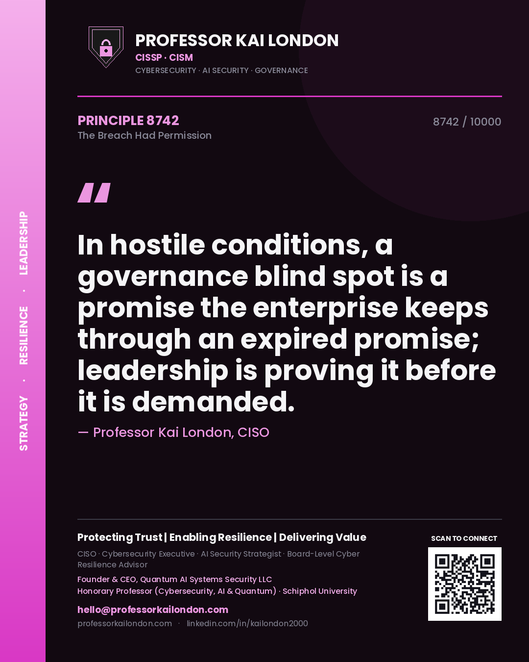 Professor Kai London principle 8742: In hostile conditions, a governance blind spot is a promise the enterprise keeps through an expired promise; leadership is proving it before it is demanded.