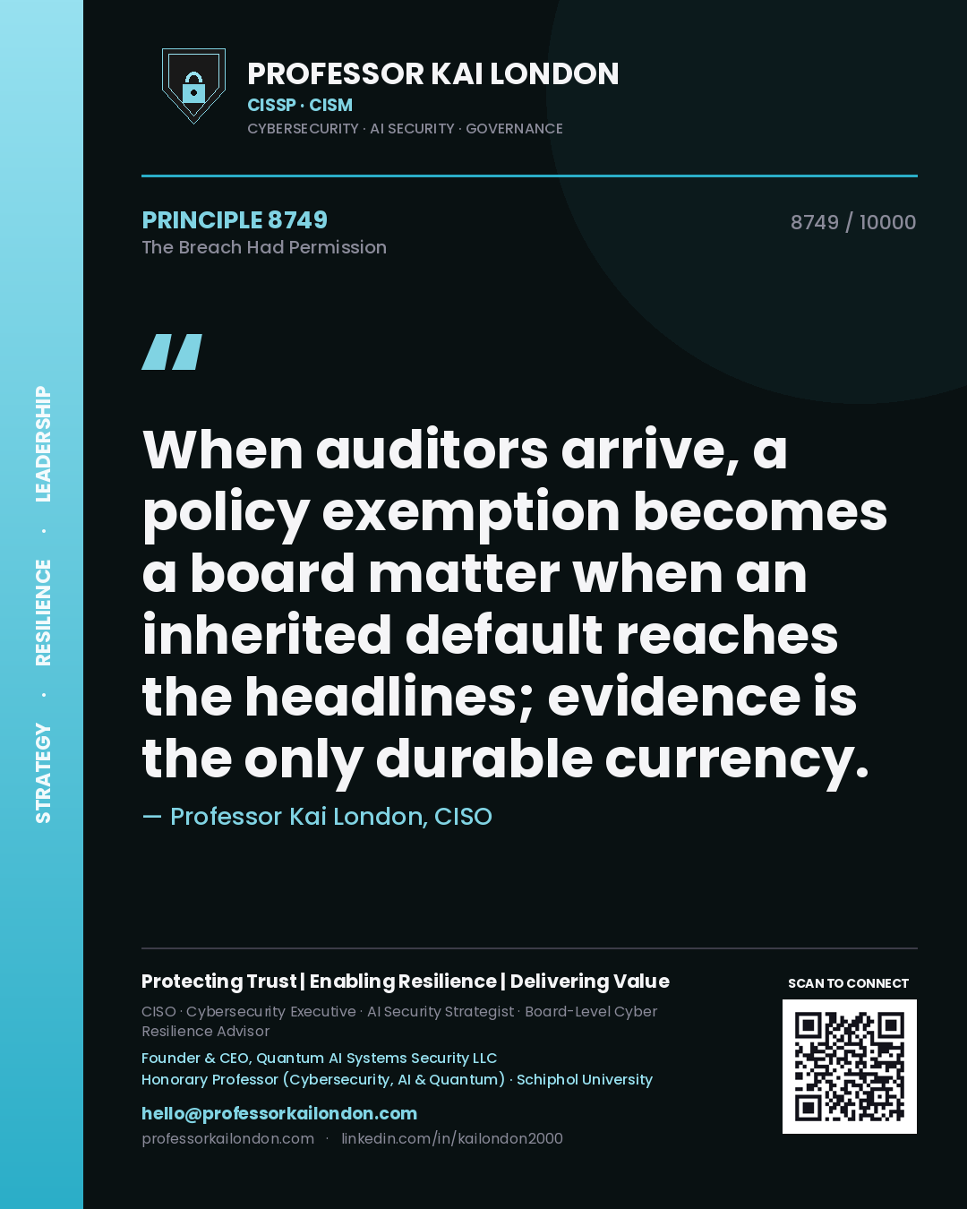 Professor Kai London principle 8749: When auditors arrive, a policy exemption becomes a board matter when an inherited default reaches the headlines; evidence is the only durable currency.