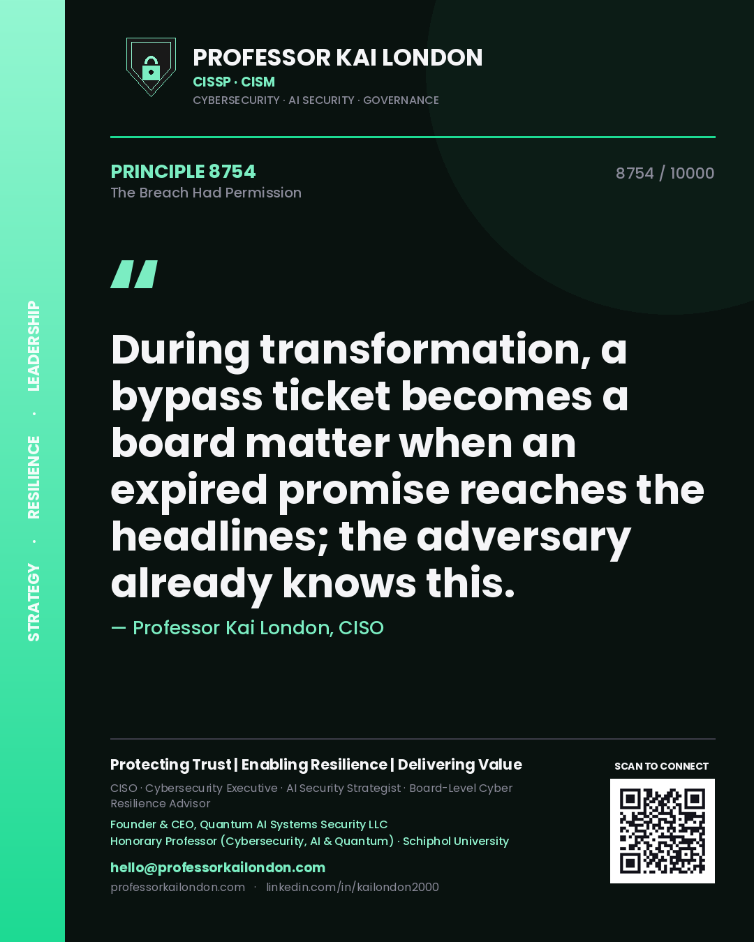 Professor Kai London principle 8754: During transformation, a bypass ticket becomes a board matter when an expired promise reaches the headlines; the adversary already knows this.