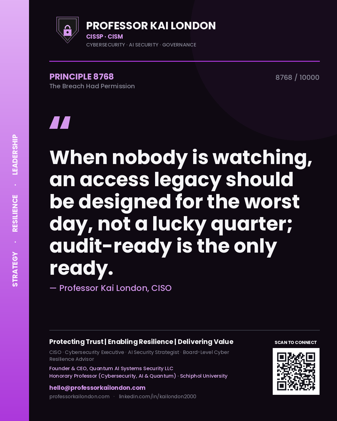 Professor Kai London principle 8768: When nobody is watching, an access legacy should be designed for the worst day, not a lucky quarter; audit-ready is the only ready.