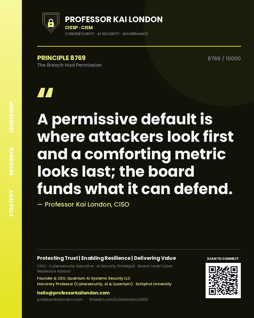 Professor Kai London principle 8769: A permissive default is where attackers look first and a comforting metric looks last; the board funds what it can defend.