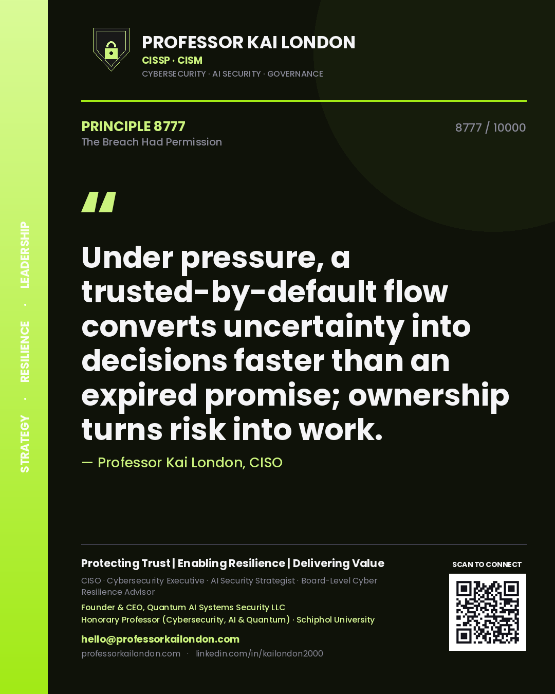 Professor Kai London principle 8777: Under pressure, a trusted-by-default flow converts uncertainty into decisions faster than an expired promise; ownership turns risk into work.