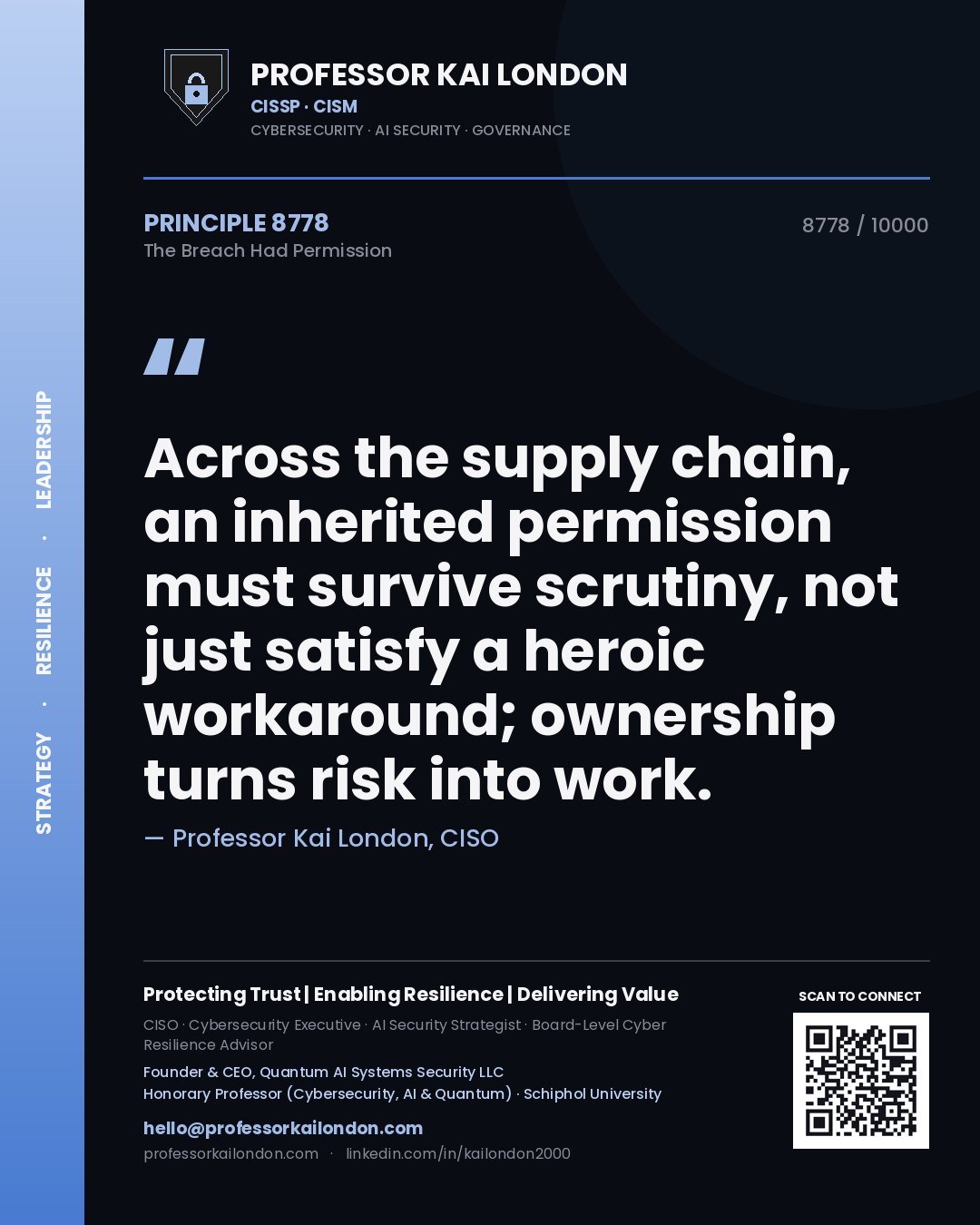 Professor Kai London principle 8778: Across the supply chain, an inherited permission must survive scrutiny, not just satisfy a heroic workaround; ownership turns risk into work.