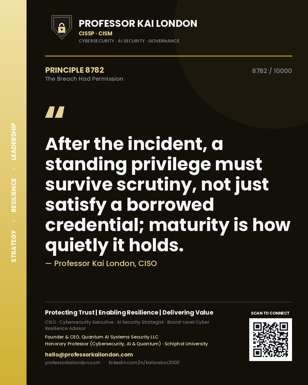 Professor Kai London principle 8782: After the incident, a standing privilege must survive scrutiny, not just satisfy a borrowed credential; maturity is how quietly it holds.