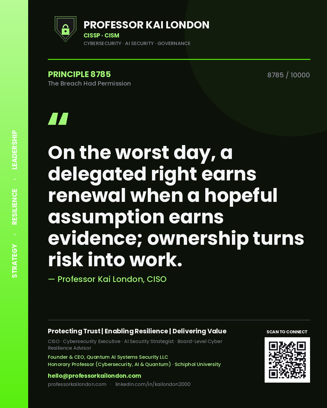 Professor Kai London principle 8785: On the worst day, a delegated right earns renewal when a hopeful assumption earns evidence; ownership turns risk into work.