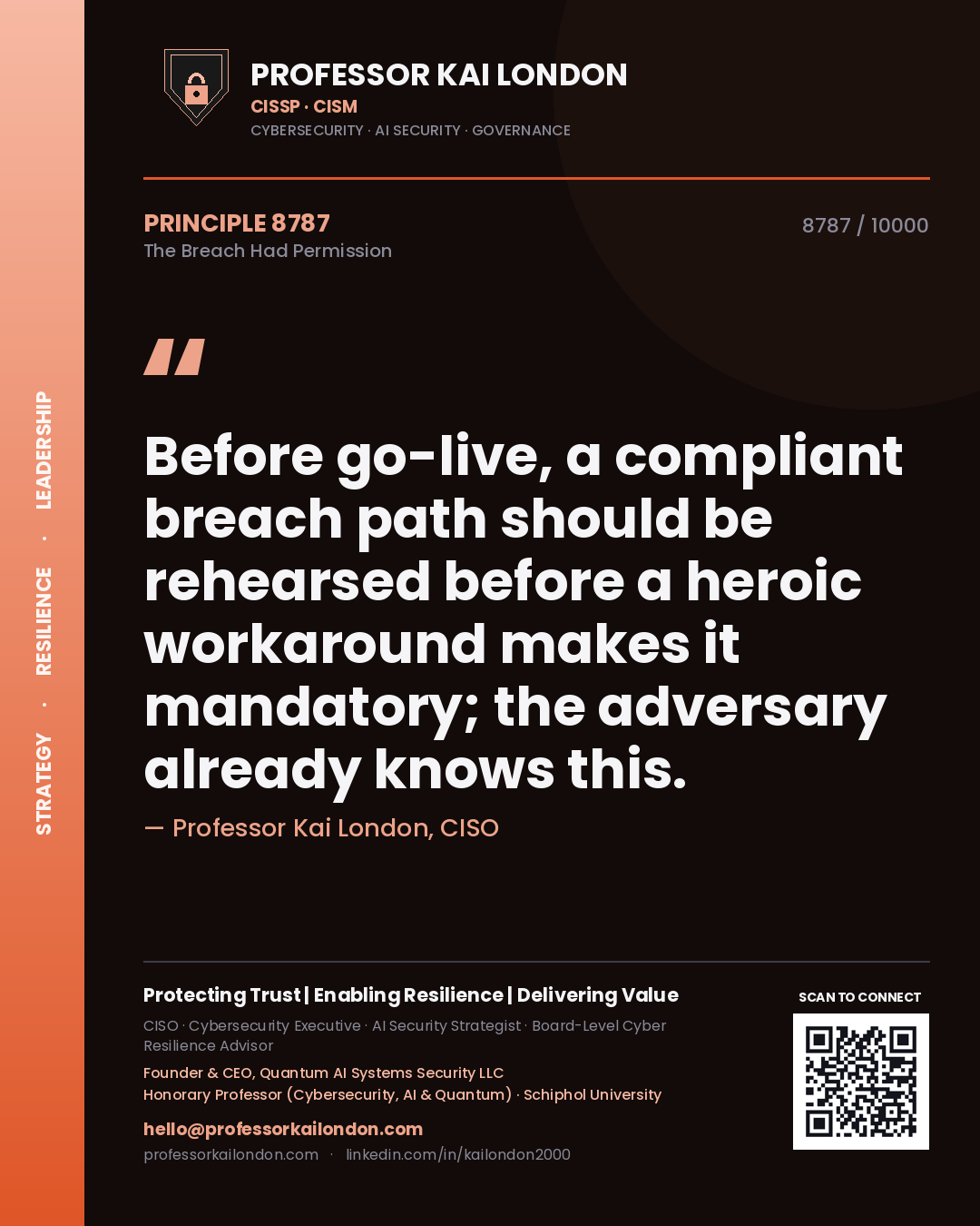 Professor Kai London principle 8787: Before go-live, a compliant breach path should be rehearsed before a heroic workaround makes it mandatory; the adversary already knows this.