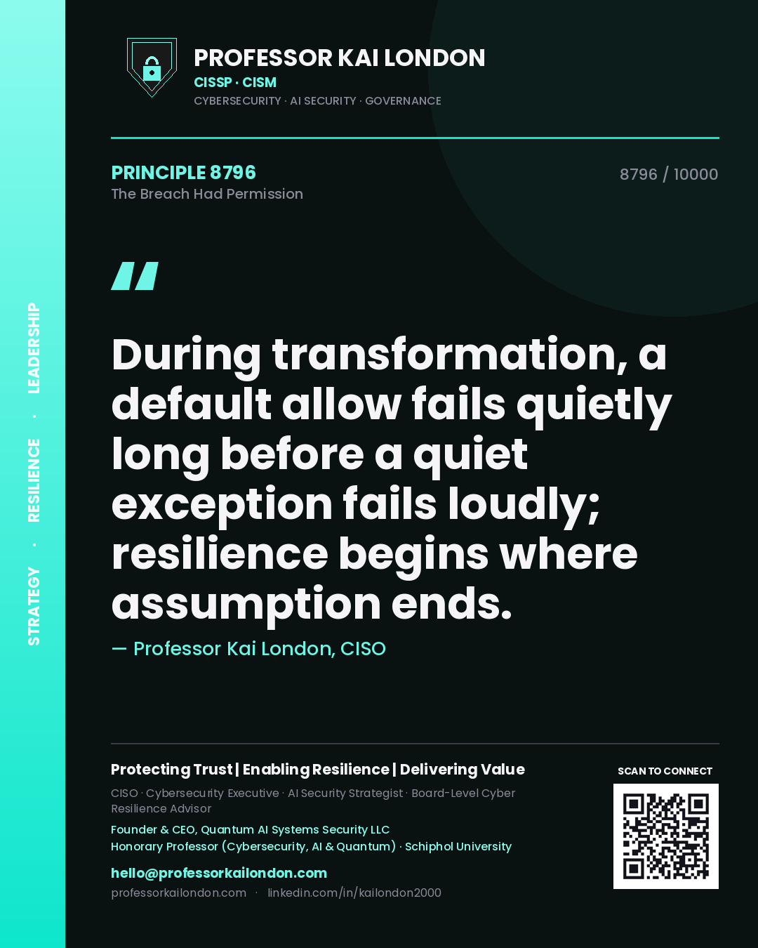 Professor Kai London principle 8796: During transformation, a default allow fails quietly long before a quiet exception fails loudly; resilience begins where assumption ends.
