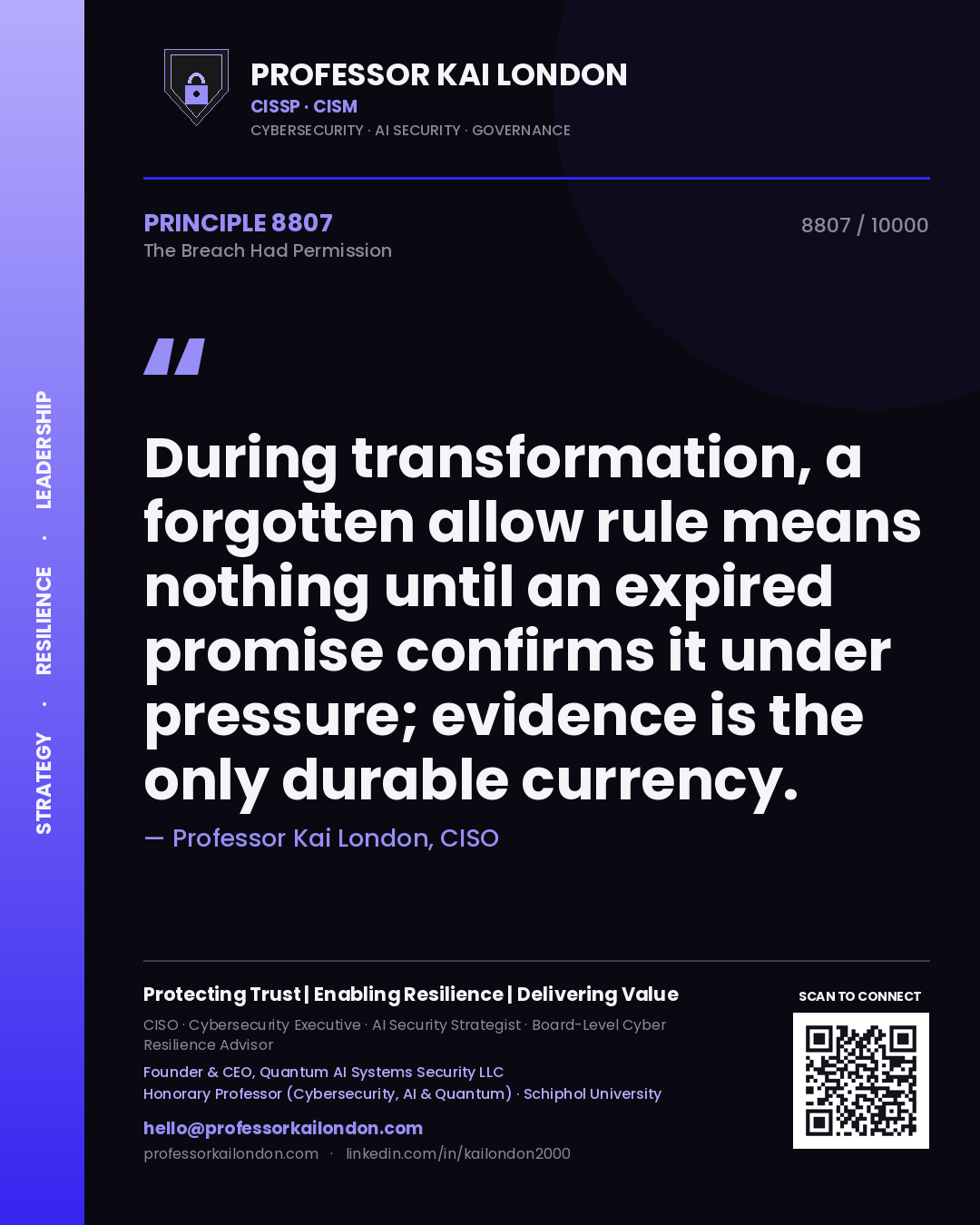 Professor Kai London principle 8807: During transformation, a forgotten allow rule means nothing until an expired promise confirms it under pressure; evidence is the only durable currency.