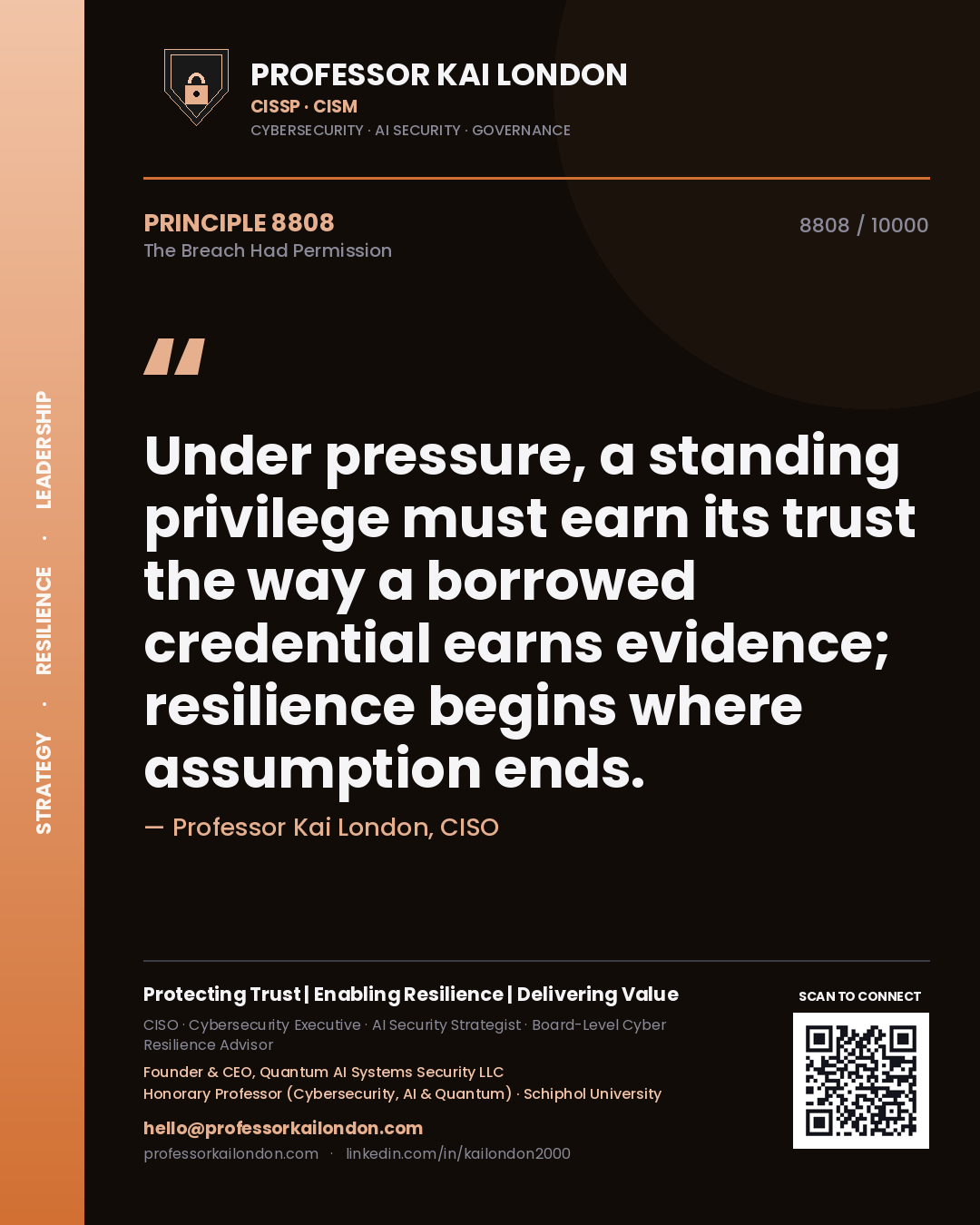 Professor Kai London principle 8808: Under pressure, a standing privilege must earn its trust the way a borrowed credential earns evidence; resilience begins where assumption ends.