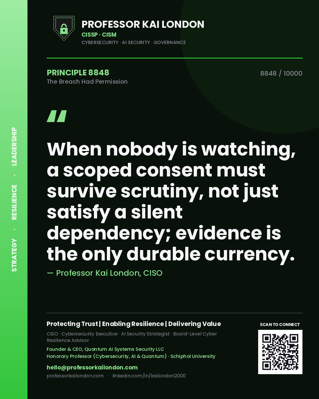 Professor Kai London principle 8848: When nobody is watching, a scoped consent must survive scrutiny, not just satisfy a silent dependency; evidence is the only durable currency.