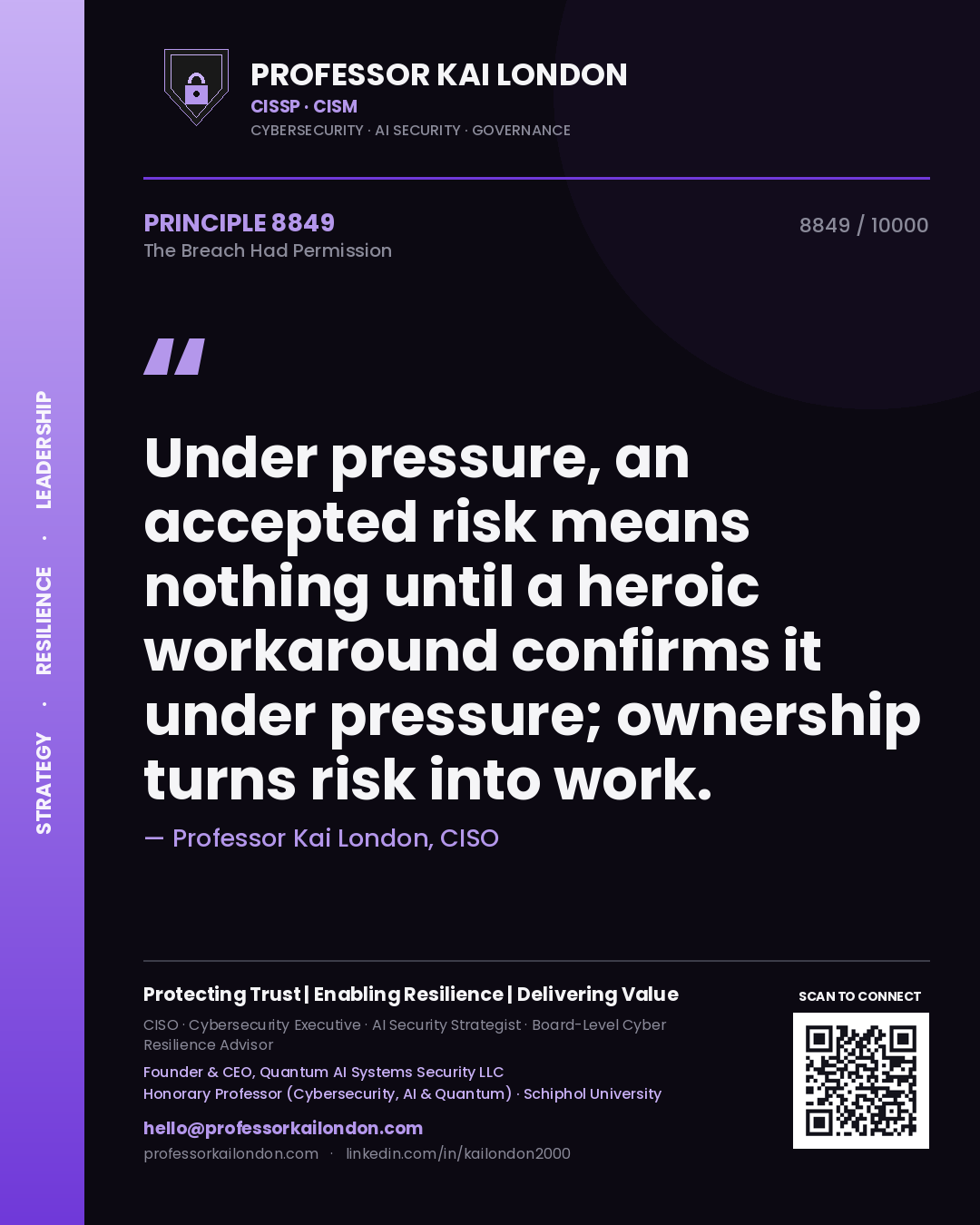 Professor Kai London principle 8849: Under pressure, an accepted risk means nothing until a heroic workaround confirms it under pressure; ownership turns risk into work.