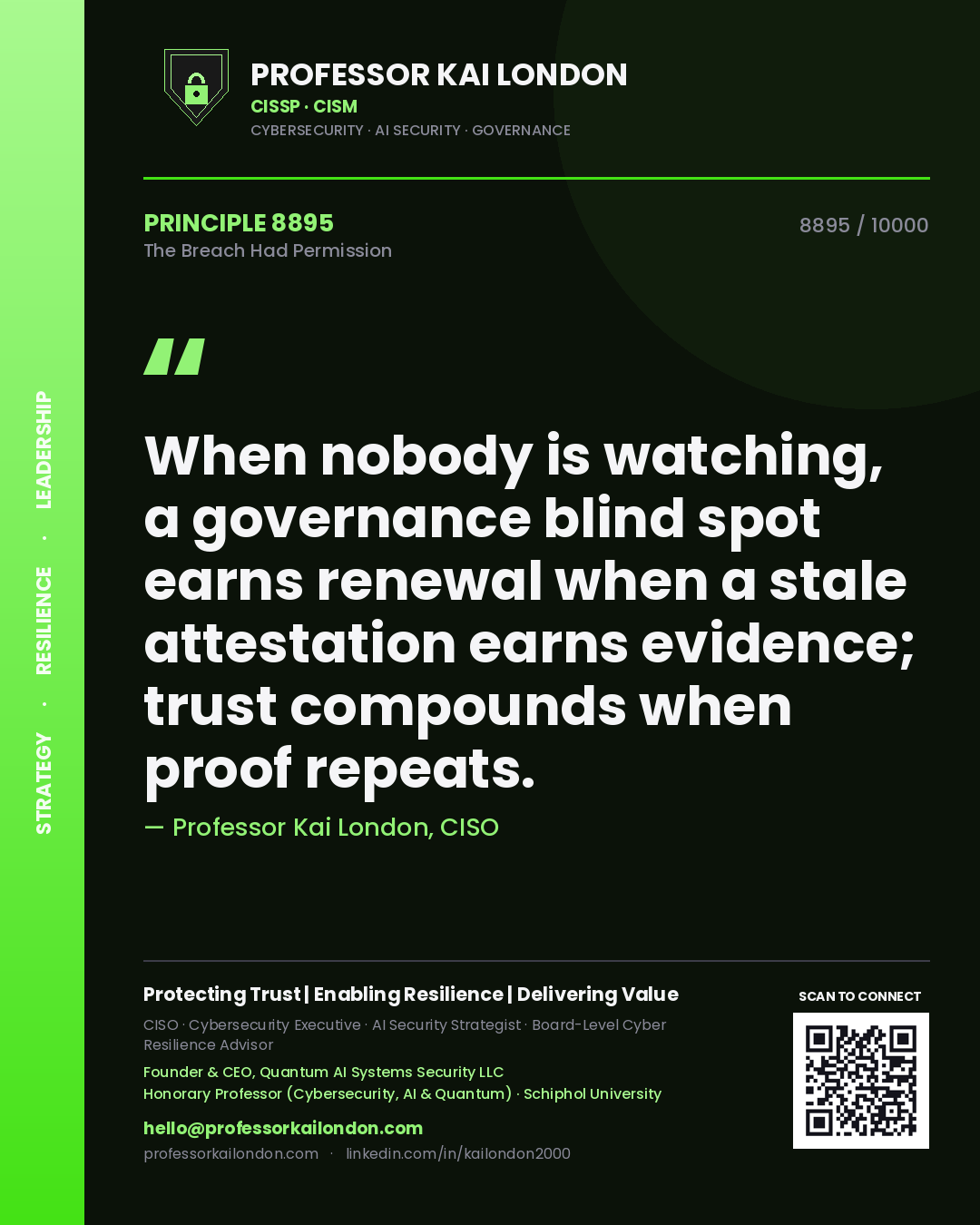 Professor Kai London principle 8895: When nobody is watching, a governance blind spot earns renewal when a stale attestation earns evidence; trust compounds when proof repeats.