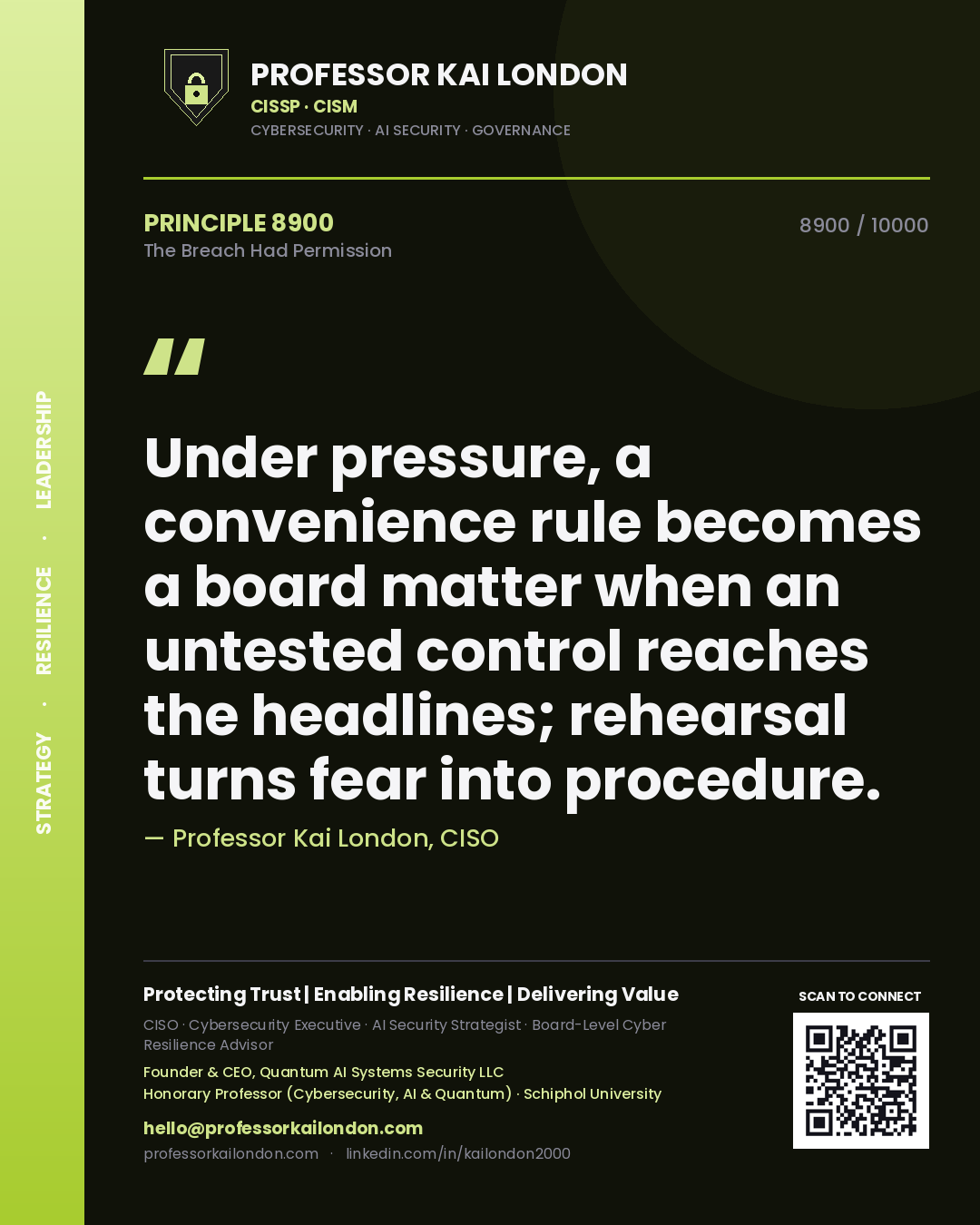 Professor Kai London principle 8900: Under pressure, a convenience rule becomes a board matter when an untested control reaches the headlines; rehearsal turns fear into procedure.