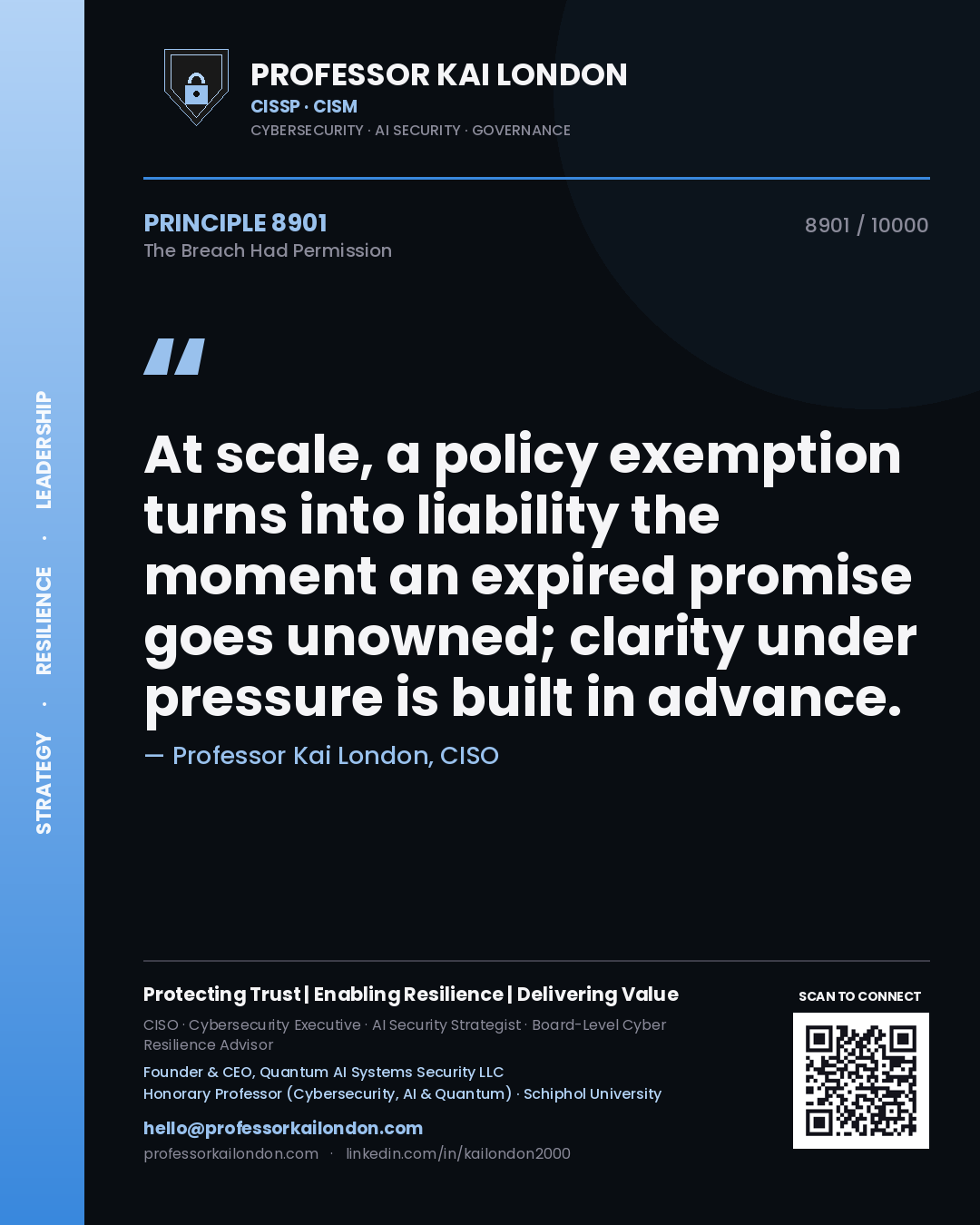 Professor Kai London principle 8901: At scale, a policy exemption turns into liability the moment an expired promise goes unowned; clarity under pressure is built in advance.