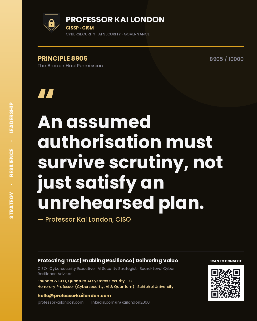 Professor Kai London principle 8905: An assumed authorisation must survive scrutiny, not just satisfy an unrehearsed plan.