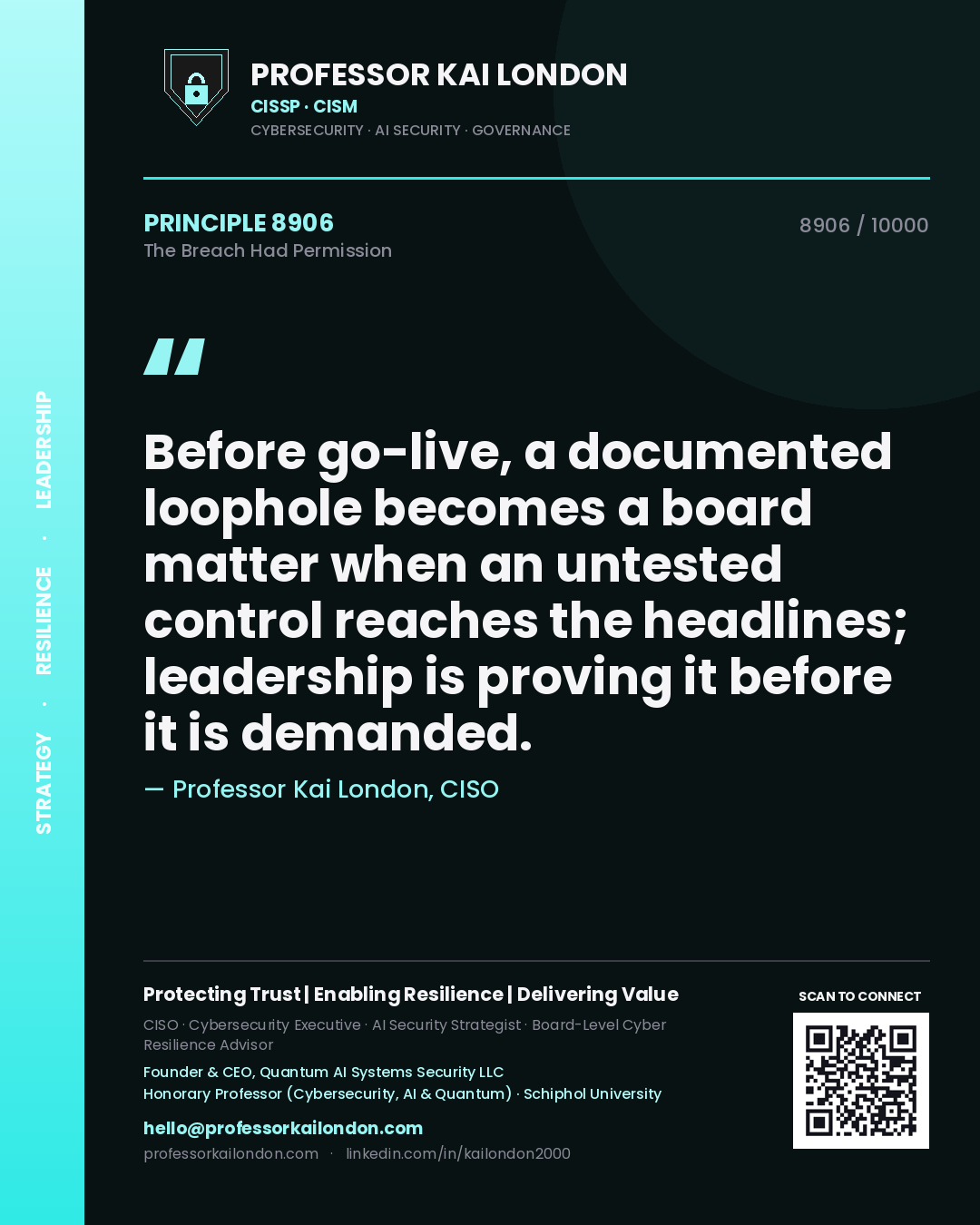 Professor Kai London principle 8906: Before go-live, a documented loophole becomes a board matter when an untested control reaches the headlines; leadership is proving it before it is demanded.
