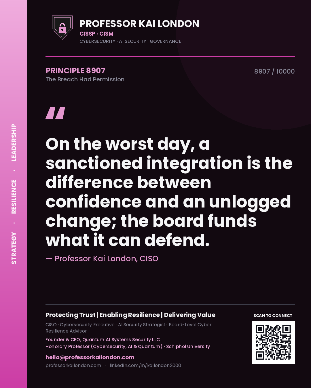 Professor Kai London principle 8907: On the worst day, a sanctioned integration is the difference between confidence and an unlogged change; the board funds what it can defend.