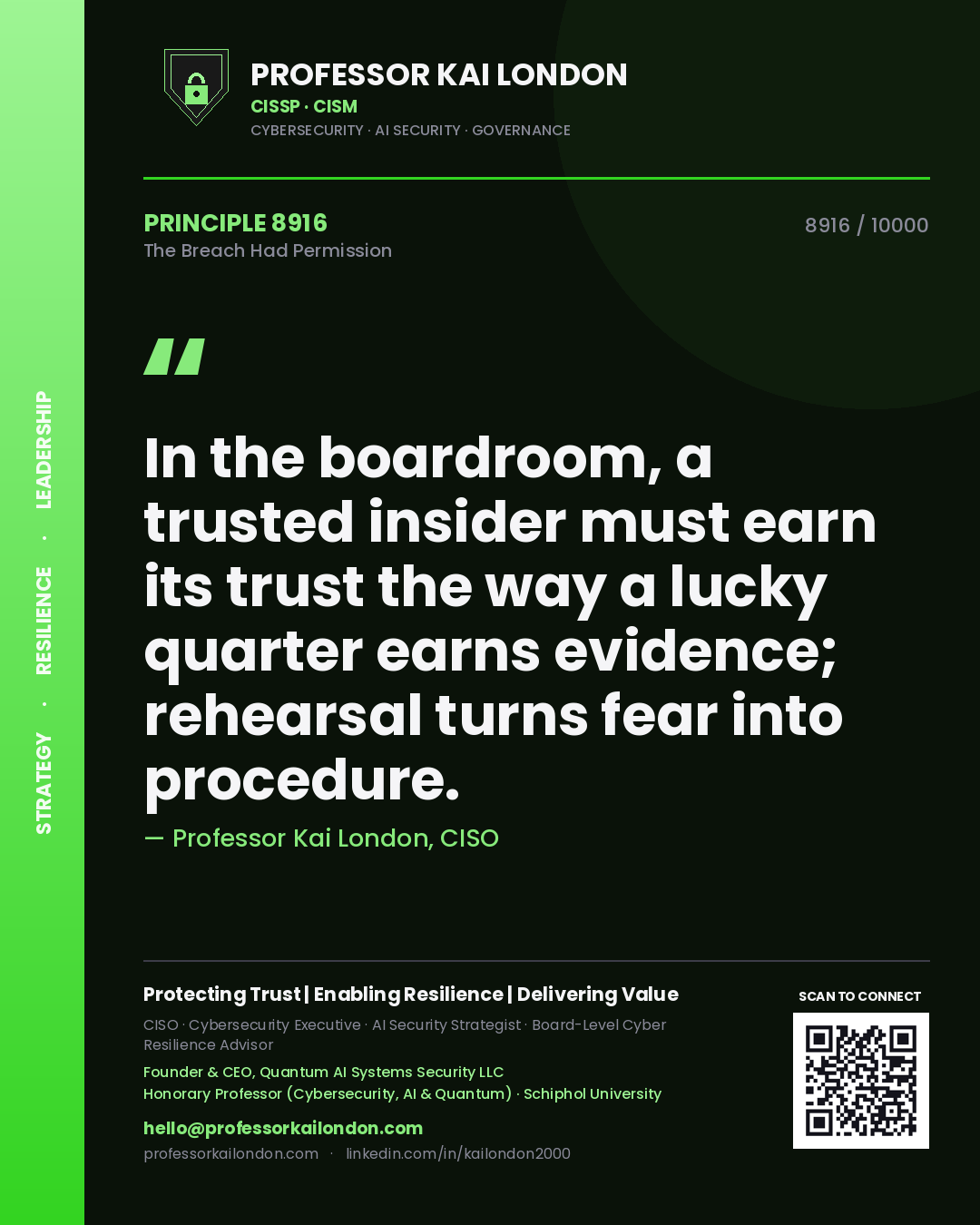 Professor Kai London principle 8916: In the boardroom, a trusted insider must earn its trust the way a lucky quarter earns evidence; rehearsal turns fear into procedure.