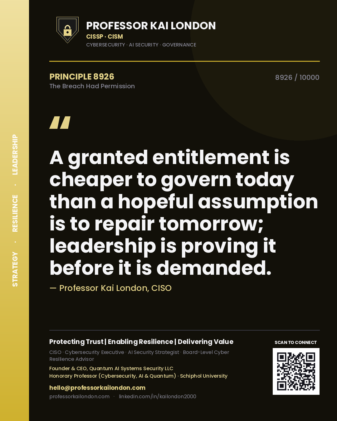 Professor Kai London principle 8926: A granted entitlement is cheaper to govern today than a hopeful assumption is to repair tomorrow; leadership is proving it before it is demanded.