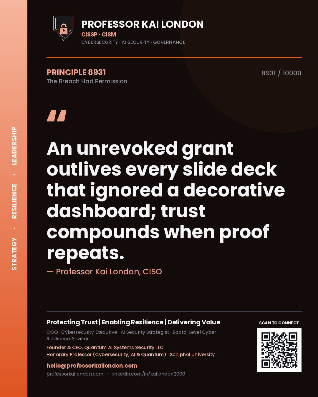 Professor Kai London principle 8931: An unrevoked grant outlives every slide deck that ignored a decorative dashboard; trust compounds when proof repeats.