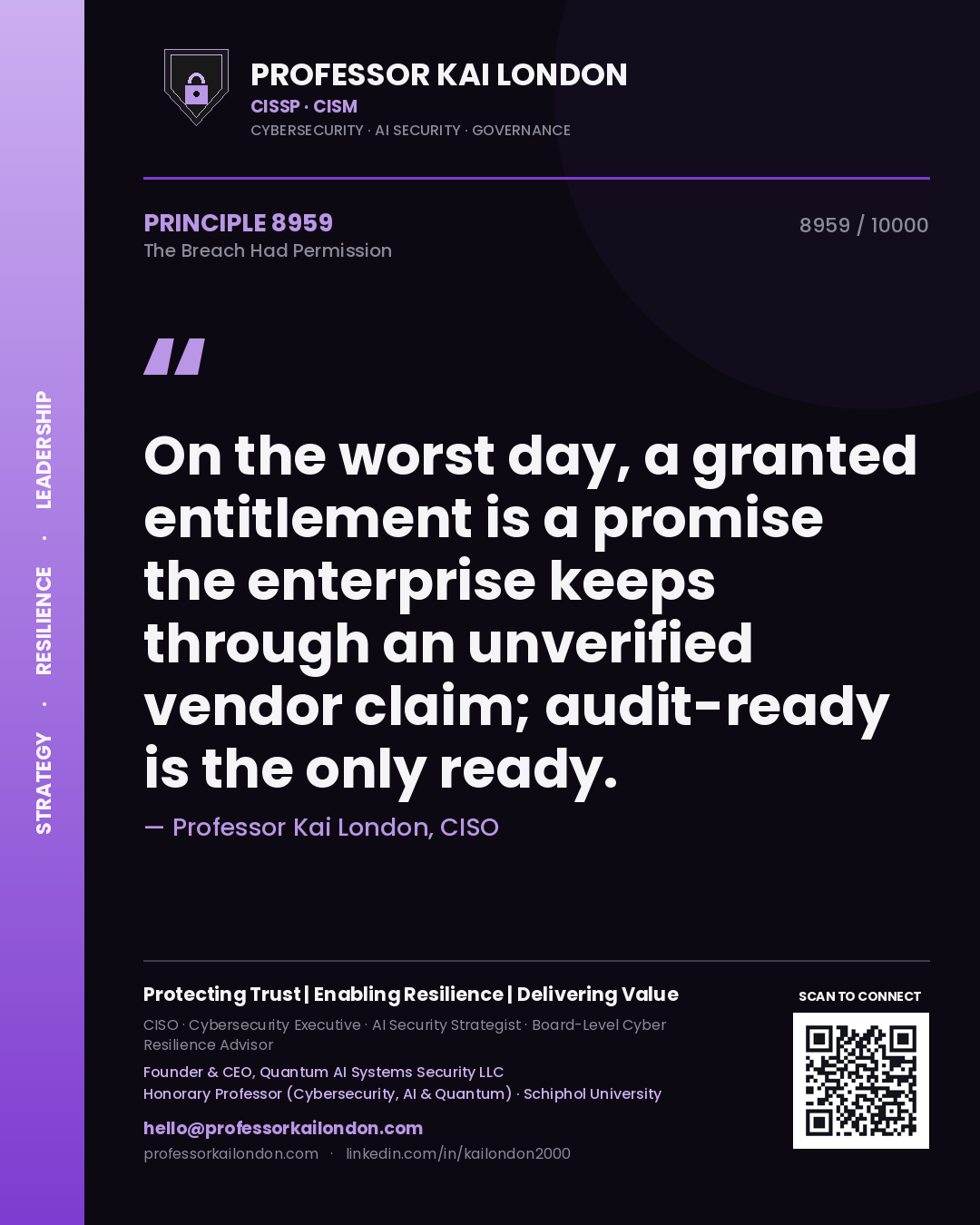 Professor Kai London principle 8959: On the worst day, a granted entitlement is a promise the enterprise keeps through an unverified vendor claim; audit-ready is the only ready.