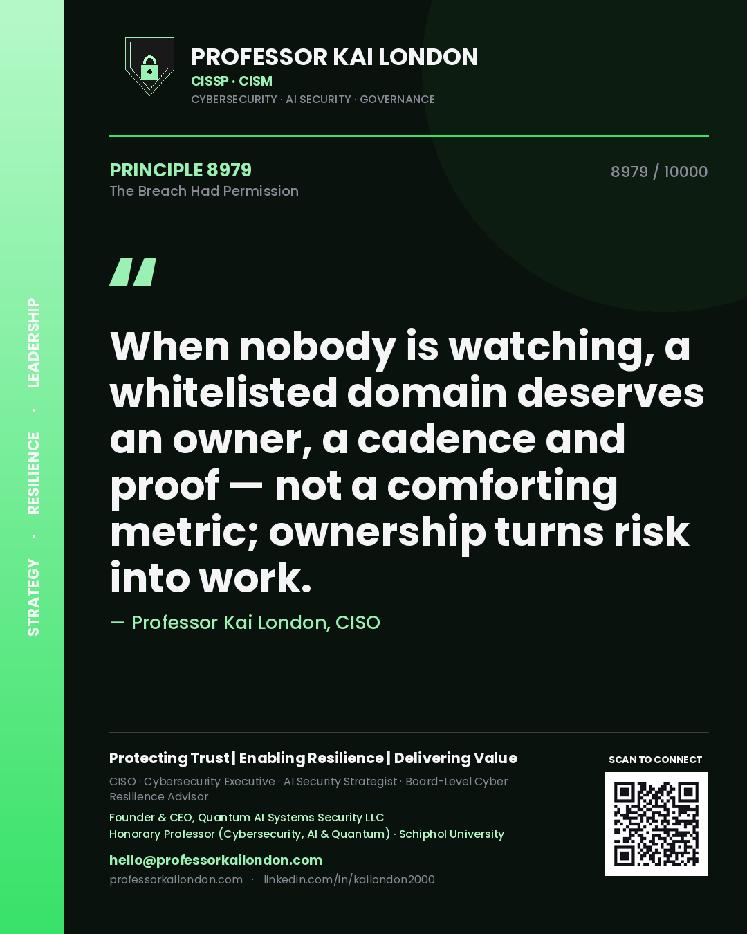 Professor Kai London principle 8979: When nobody is watching, a whitelisted domain deserves an owner, a cadence and proof — not a comforting metric; ownership turns risk into work.