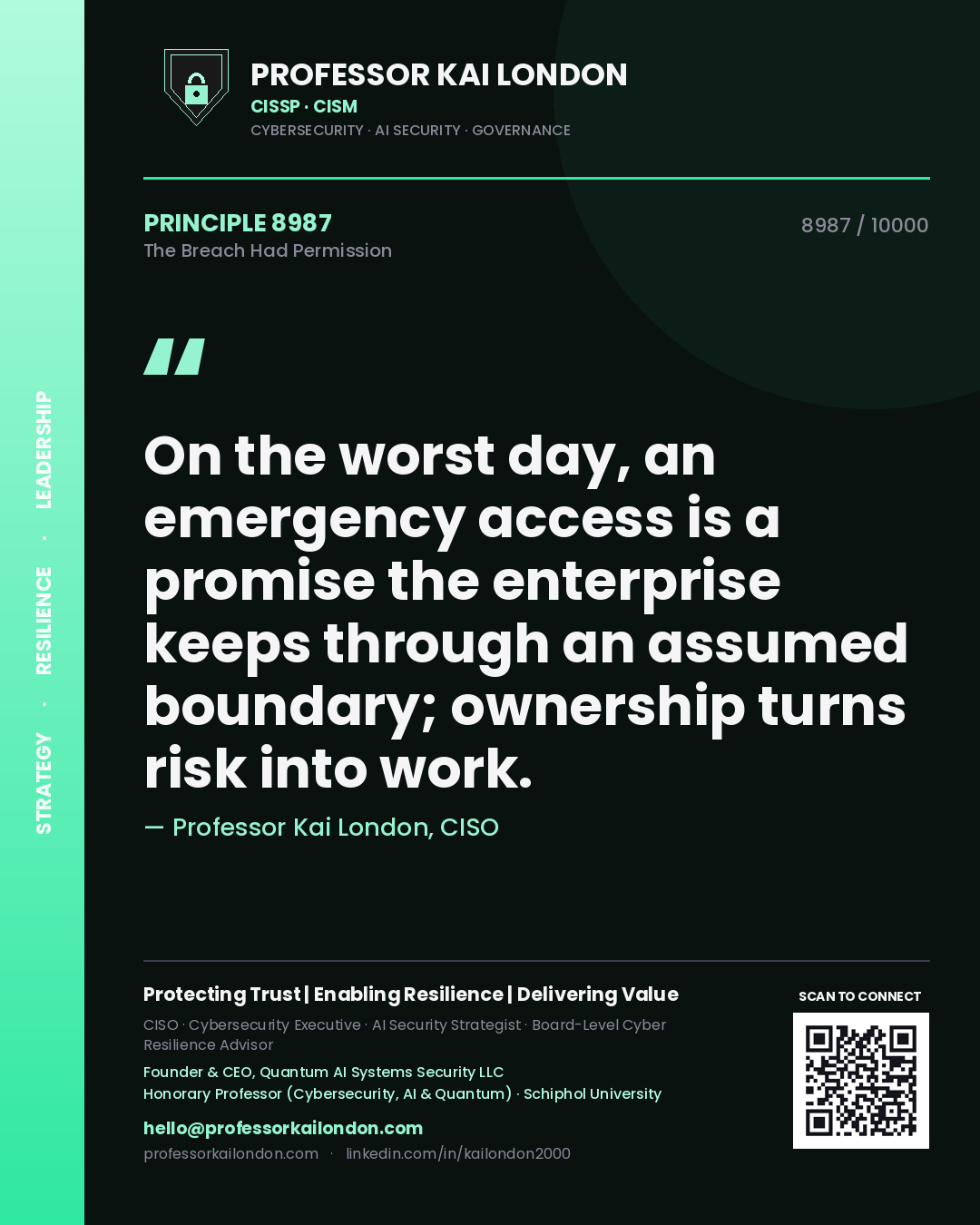 Professor Kai London principle 8987: On the worst day, an emergency access is a promise the enterprise keeps through an assumed boundary; ownership turns risk into work.