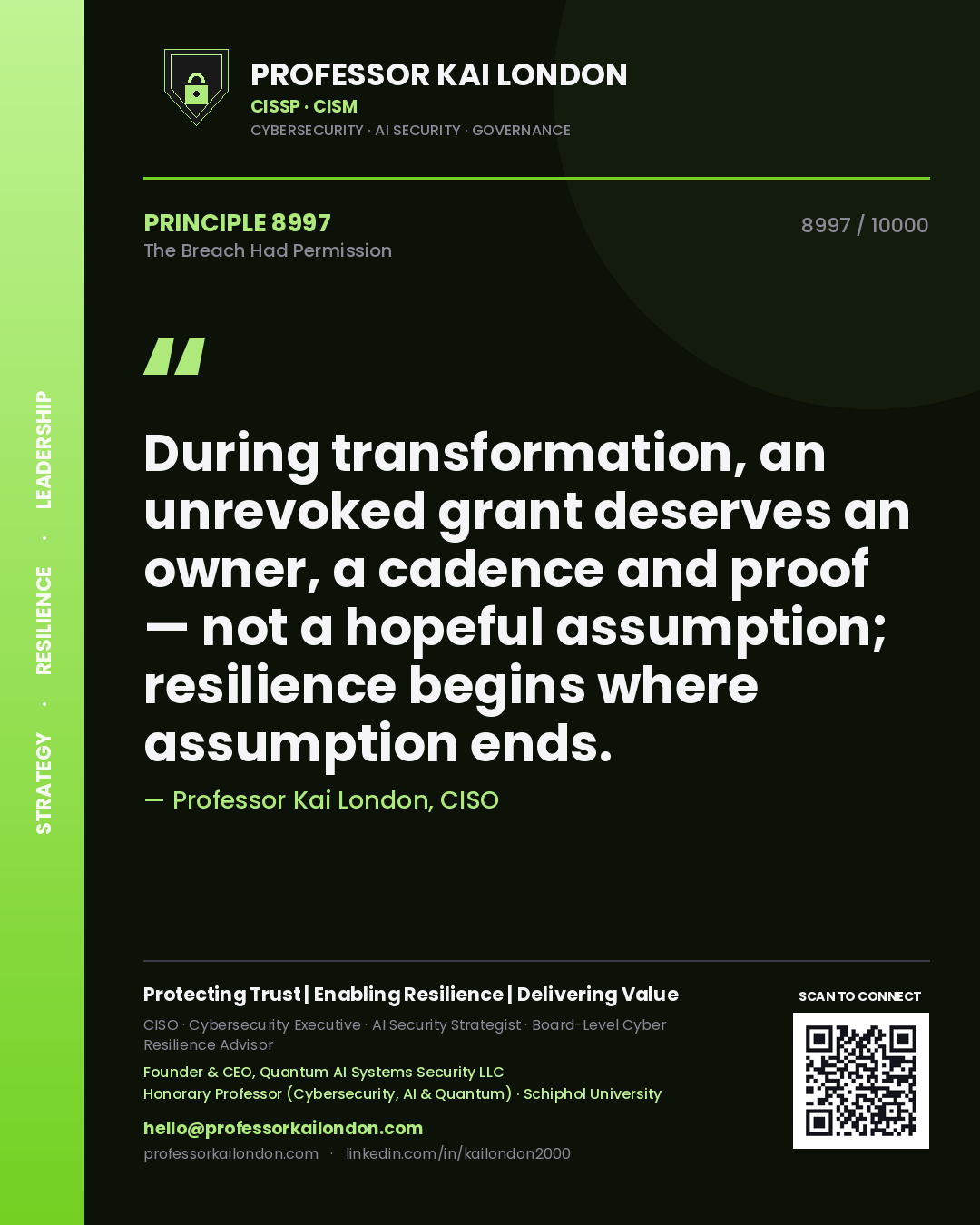 Professor Kai London principle 8997: During transformation, an unrevoked grant deserves an owner, a cadence and proof — not a hopeful assumption; resilience begins where assumption ends.