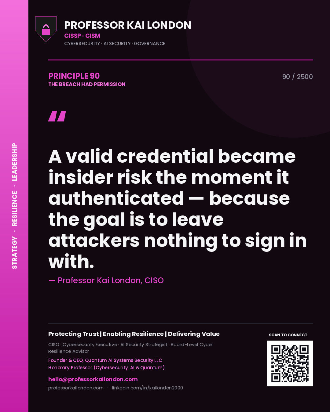 Professor Kai London principle 90: A valid credential became insider risk the moment it authenticated — because the goal is to leave attackers nothing to sign in with.