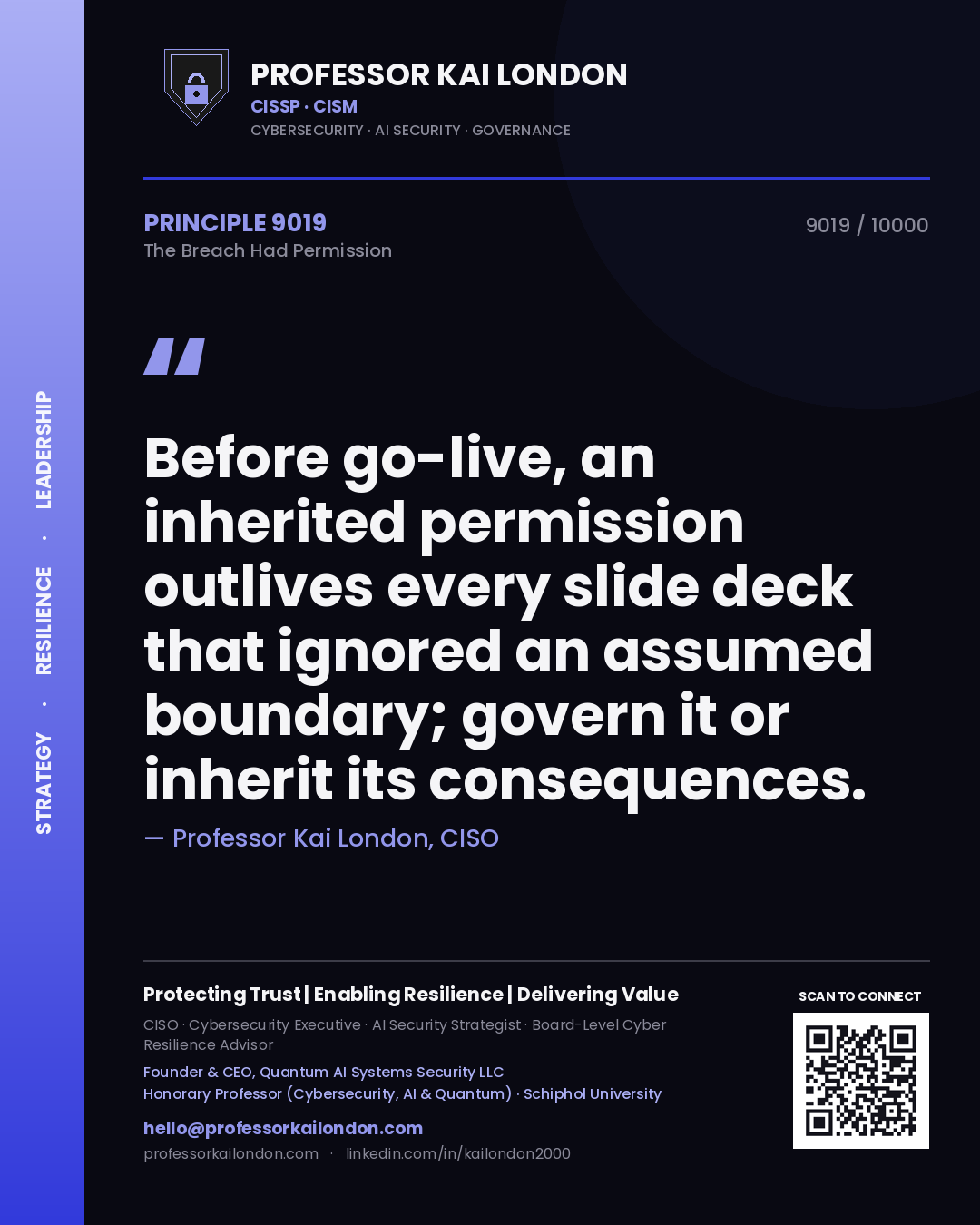Professor Kai London principle 9019: Before go-live, an inherited permission outlives every slide deck that ignored an assumed boundary; govern it or inherit its consequences.