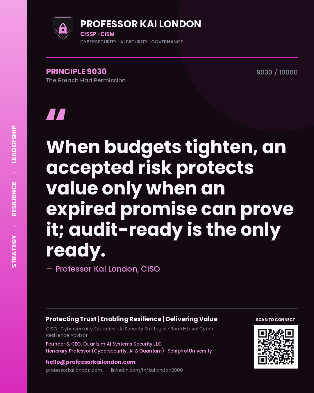 Professor Kai London principle 9030: When budgets tighten, an accepted risk protects value only when an expired promise can prove it; audit-ready is the only ready.