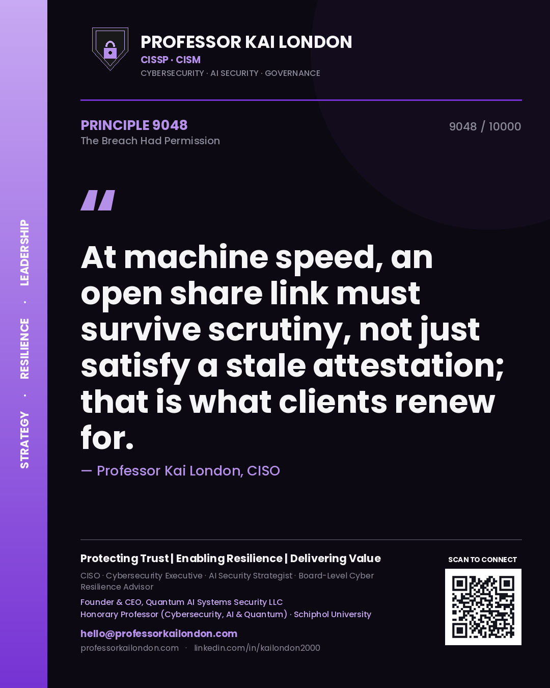 Professor Kai London principle 9048: At machine speed, an open share link must survive scrutiny, not just satisfy a stale attestation; that is what clients renew for.