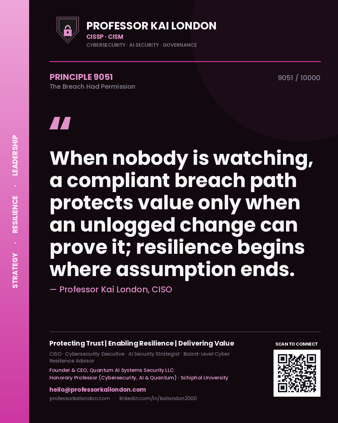 Professor Kai London principle 9051: When nobody is watching, a compliant breach path protects value only when an unlogged change can prove it; resilience begins where assumption ends.