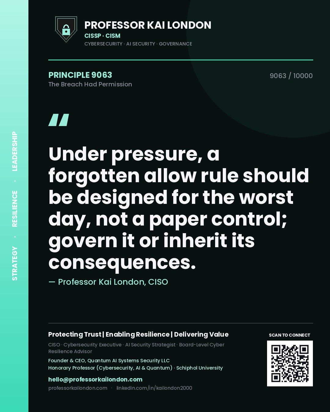 Professor Kai London principle 9063: Under pressure, a forgotten allow rule should be designed for the worst day, not a paper control; govern it or inherit its consequences.